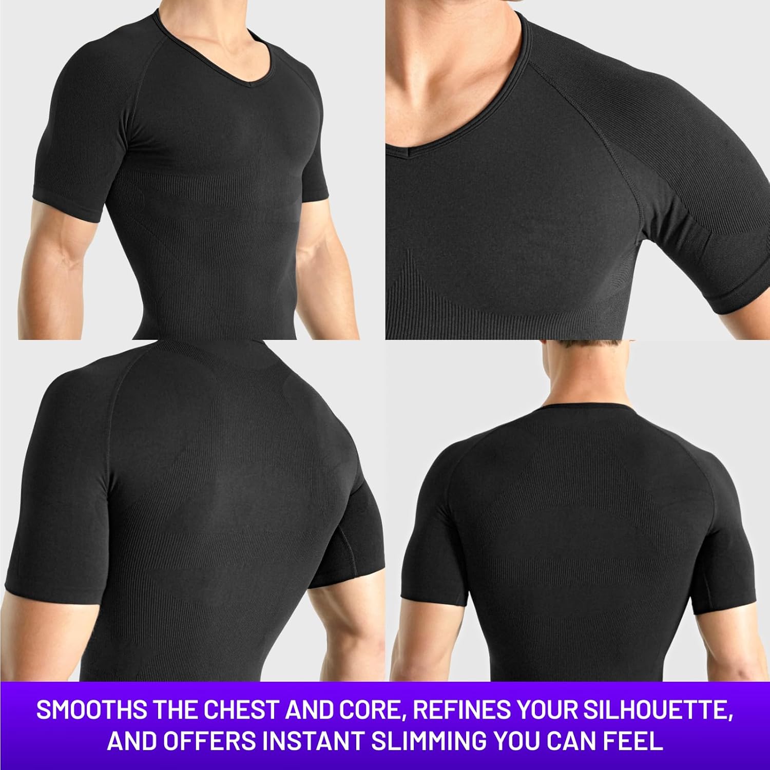 Rounderbum Men’s Compression Tech T-Shirt – Seamless Posture Support & Core Shaping Undershirt, 4 Colors