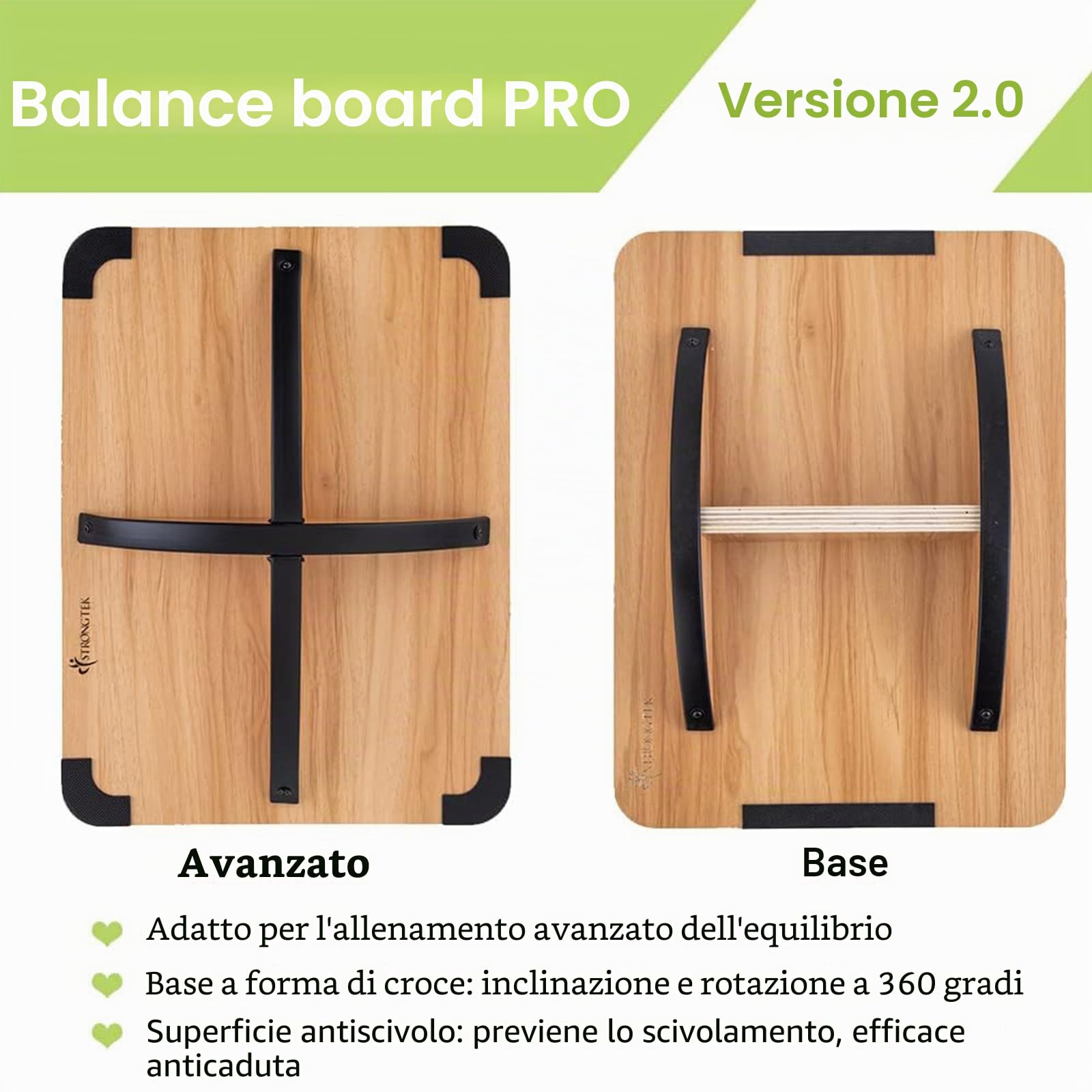 StrongTek Balance Board professionale in legno, Rocker Board, accessorio da scrivania in legno, tavola di bilanciamento per sotto la scrivania, rullo antiscivolo, forza del nucleo, stabilità, tavole