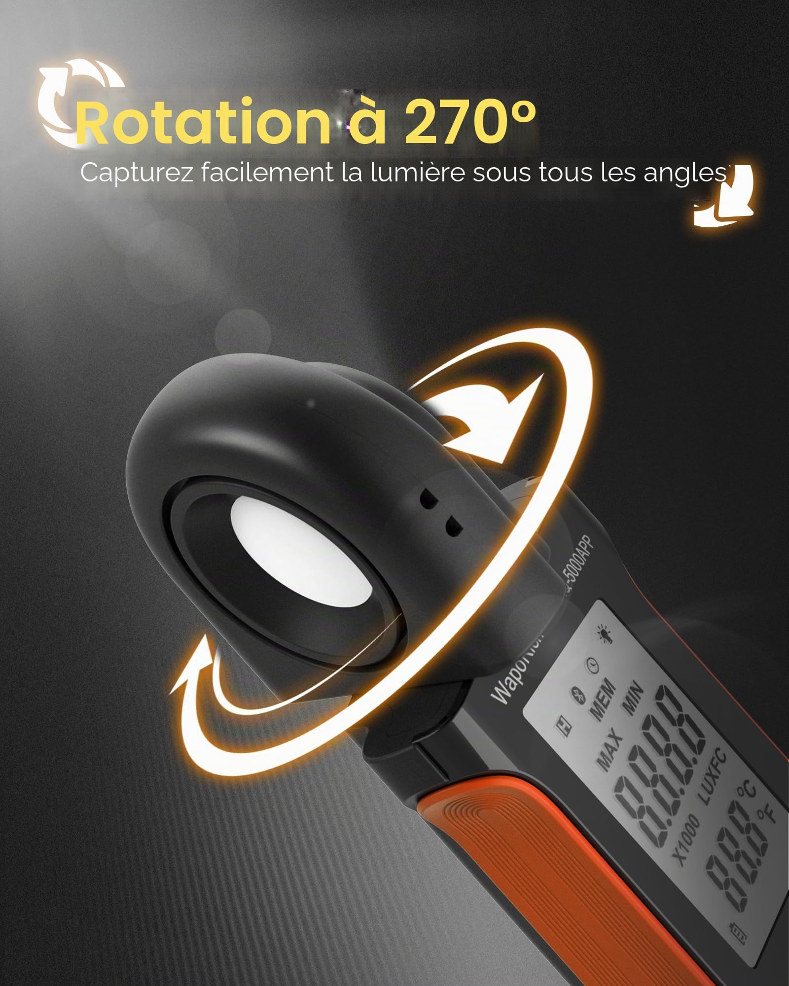 Luxmètre Numérique Luxmetre Bluetooth, WapoRich Mesureur de Lumière Lumen Meter Portable Mesure 1~400,000 Lux/FC avec Test de Temp Ambiante et Écran Retroéclairé pour Les Plantes et LED - RQ-5000APP