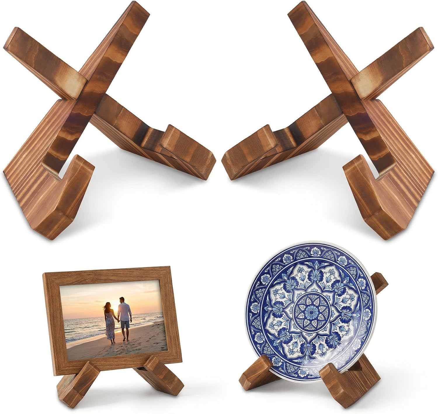 2 Pack Wood Plate Stands for Display, 5.4 Inch Wooden Plate Holders for Displaying, Cross-Type Picture Frame Stand, Wood Decorative Plate Stand for Tabletop Art Photos Books
