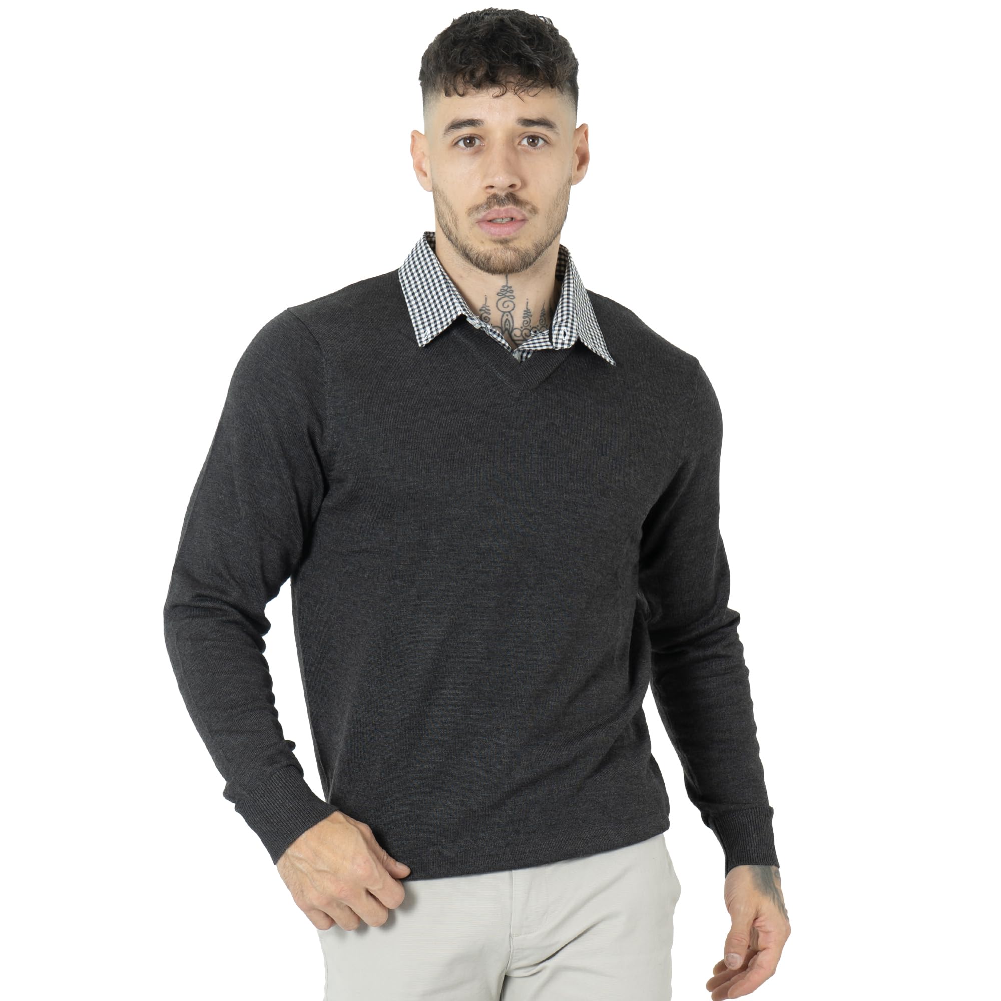 NOROZE Men's Jumper Mock Collar Knitted V-Neck Plain Classic Sweater Pullover Knitted Sweatshirt (4XL, Charcoal)