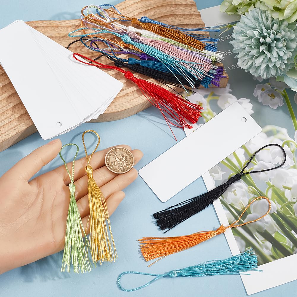SOFPLATE 1 Box 30Pcs Sublimation Blank Bookmarks Bulk 5.9x1.5In Aluminum Metal Bookmarks Heat Transfer Bookmark Blanks with Colorful Tassels Single Sided Printing Book Marks for DIY Crafts Art Project - Image 3