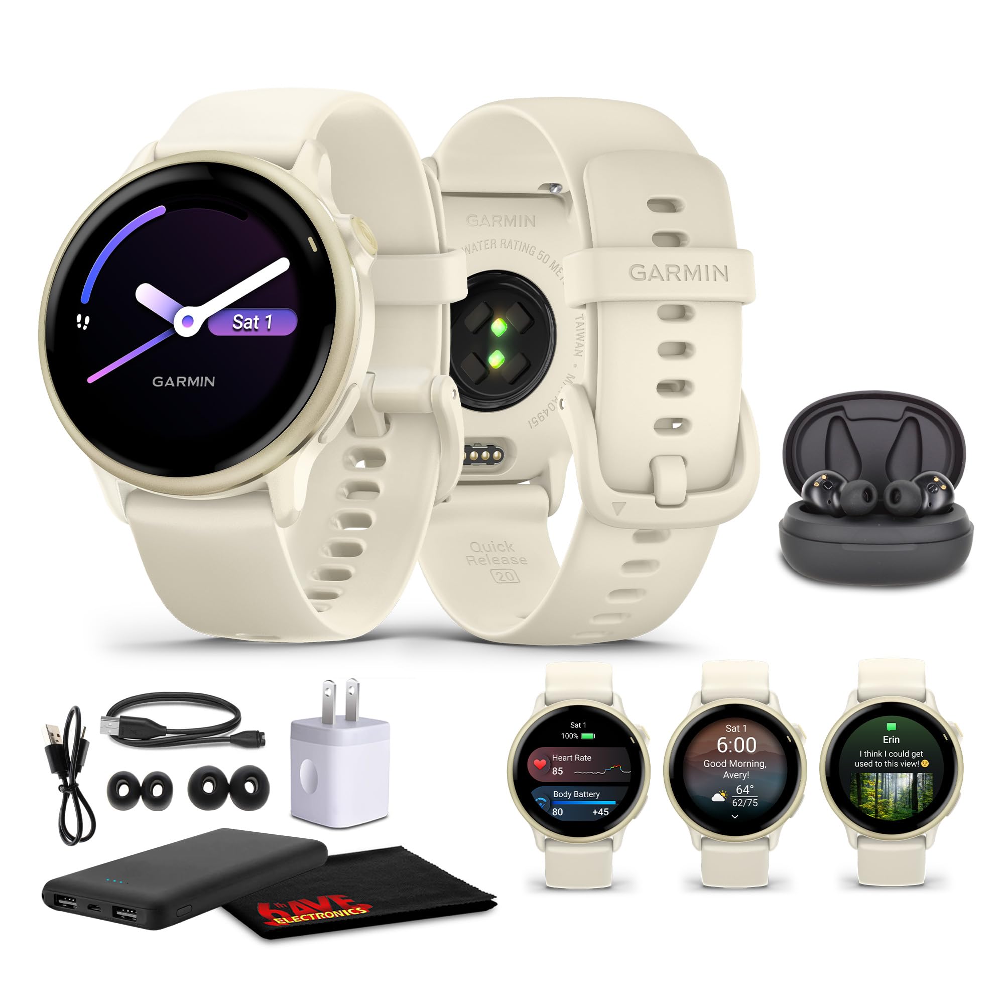 Garmin Vivoactive 6 Smartwatch Lunar Gold with Bone Silicone Band Best Fitness GPS Smart-Watch with AMOLED Display, 11-Day Battery, Advanced Activity Tracking Watch Bundle for Men &Women