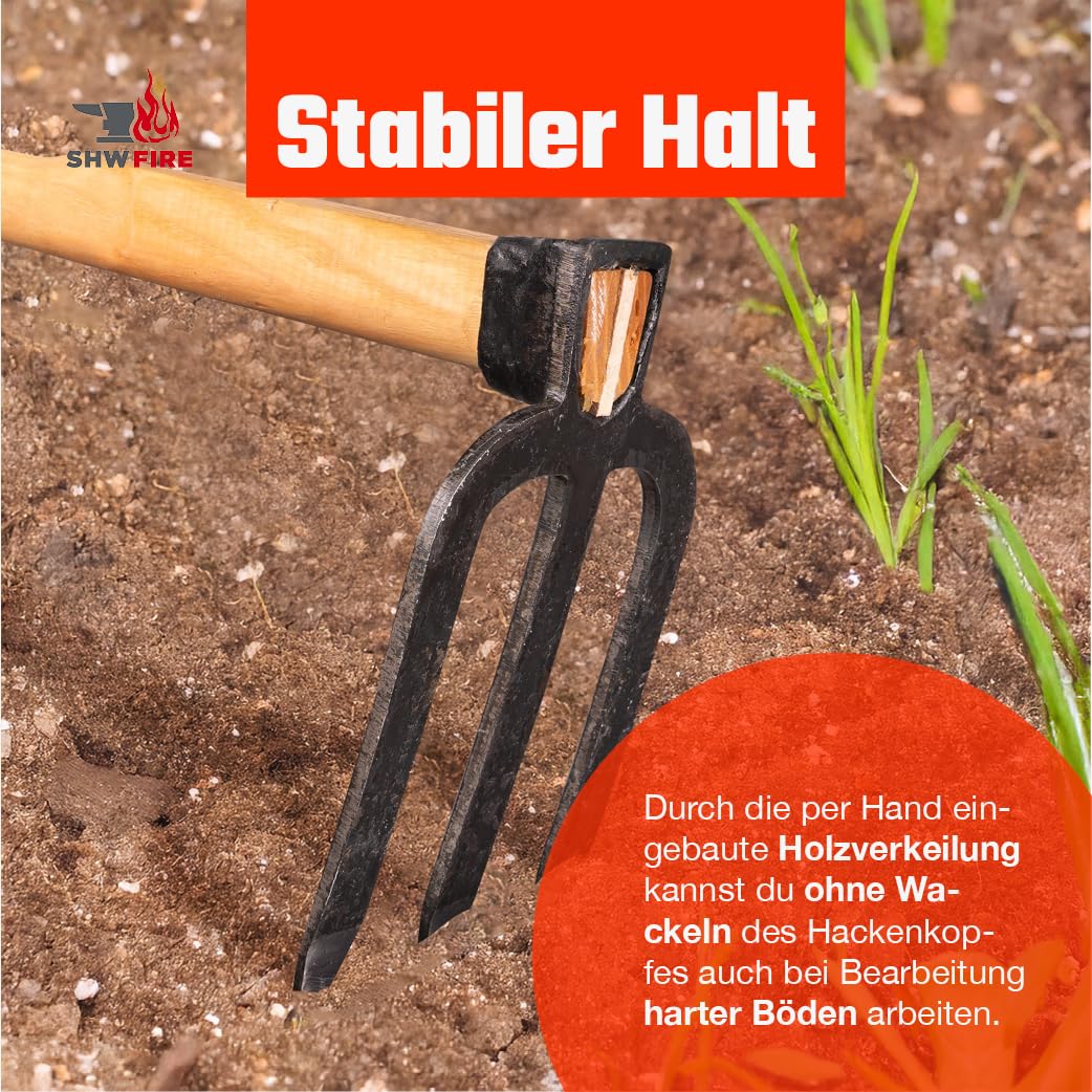 Karsthacke mit 3 Zinken - Geschmiedeter Stahl, 135cm langer Eschenholzstiel. Erleichtert die Gartenarbeit von SHW-FIRE