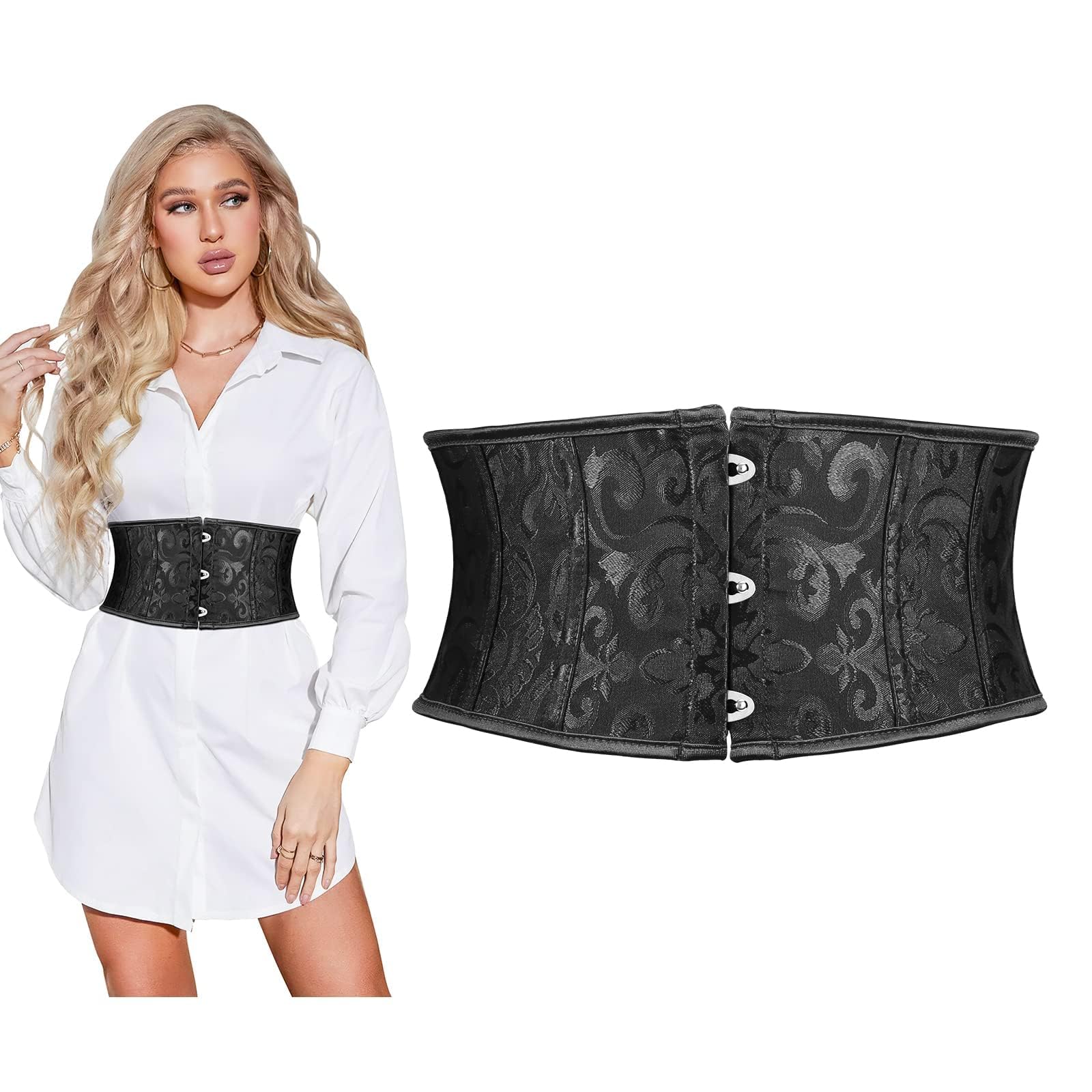 Jacquard Corset Belt for Women Underbust Boned Lace Up Bustier Waspie Belt Renaissance Steampunk Pirate Corset