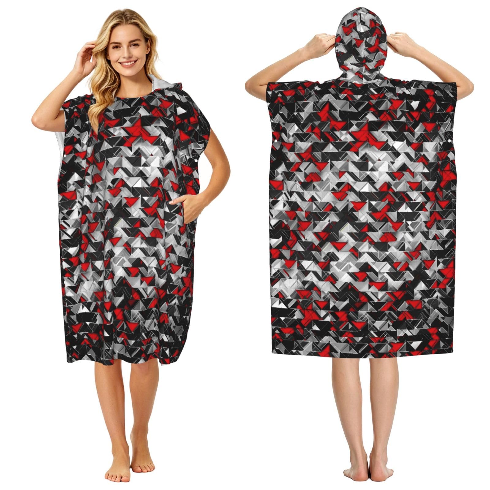 Poadnly Geometric Explosion Black And Red, Adult Hooded Beach Towel 90 x 110 cm,Changing Bath Robe, Surf Poncho Towel For Women Men