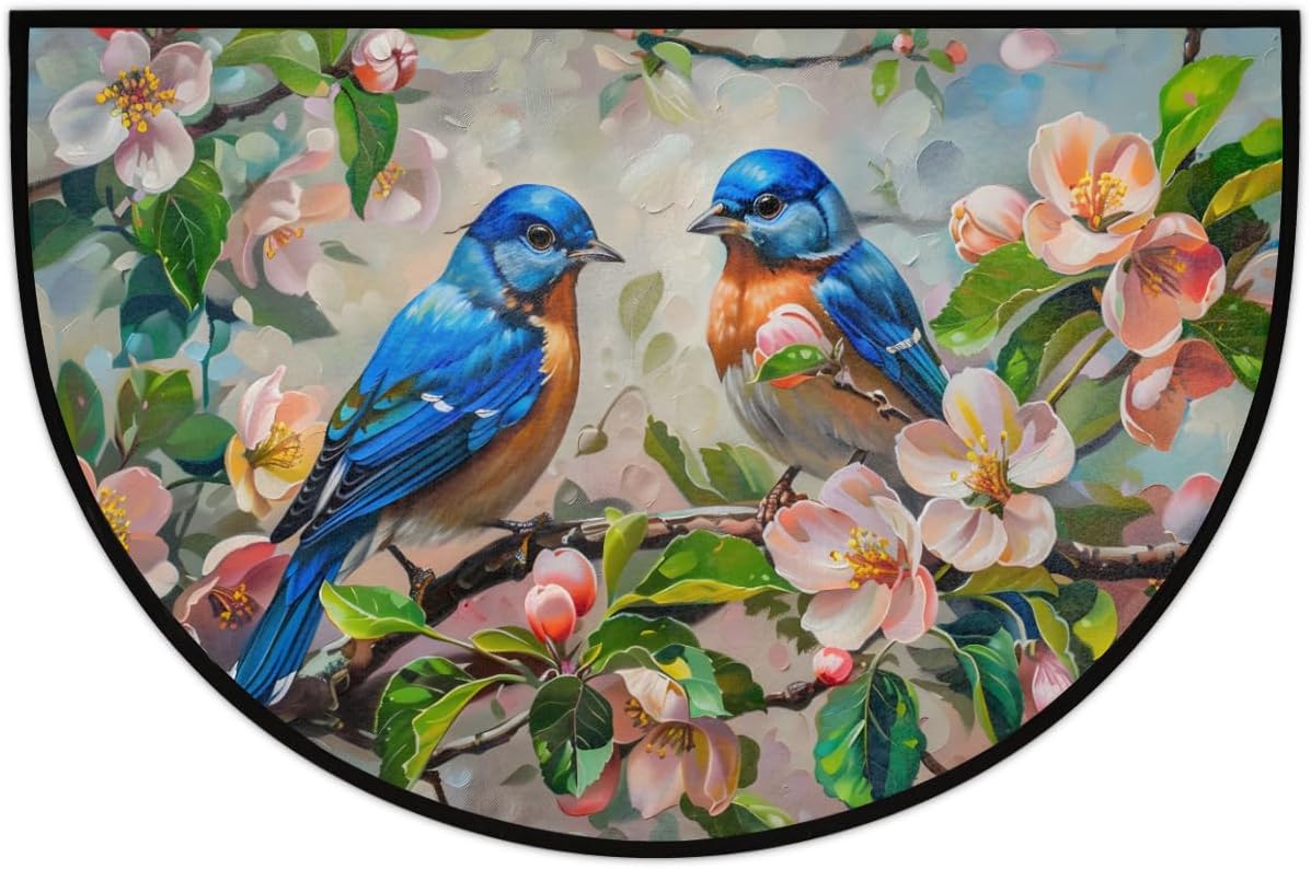 Flower Bird Oil Painting Half Round Door Mat Non-Slip Soft Doormats for Home Indoor Outdoor Entrance Bath Carpet Area Rugs for Home Dining Living Room Bedroom 36" X 24"