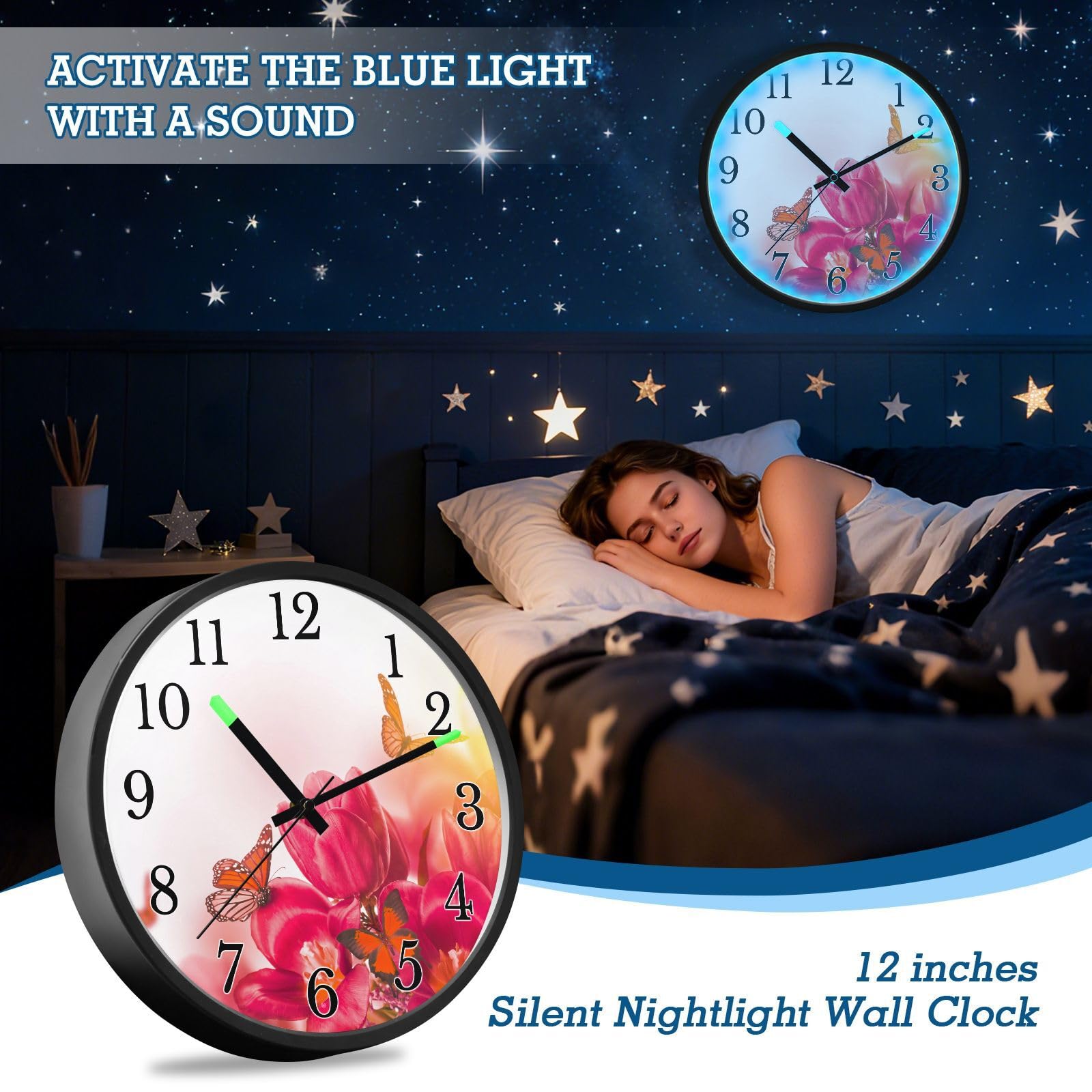 Mnsruu Reloj de pared luminoso con diseño de mariposa roja y rosas, reloj de pared que brilla en la oscuridad, funciona con pilas, reloj de luz nocturna silencioso sin tictac para dormitorio