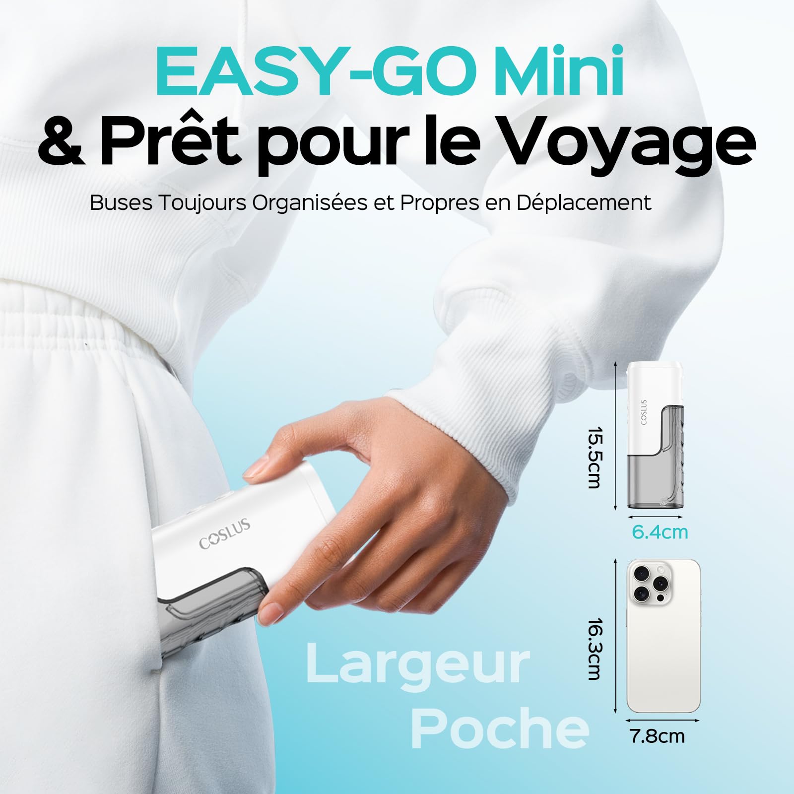 COSLUS Mini Jet Dentaire Hydropulseur Portable: Design Compact et Sans Fil, 4 Modes IPX7, Idéal pour Appareil Dentaire, Orthodontie et Dents Sensitives, Usage Nomade, Gris Blanc, T40