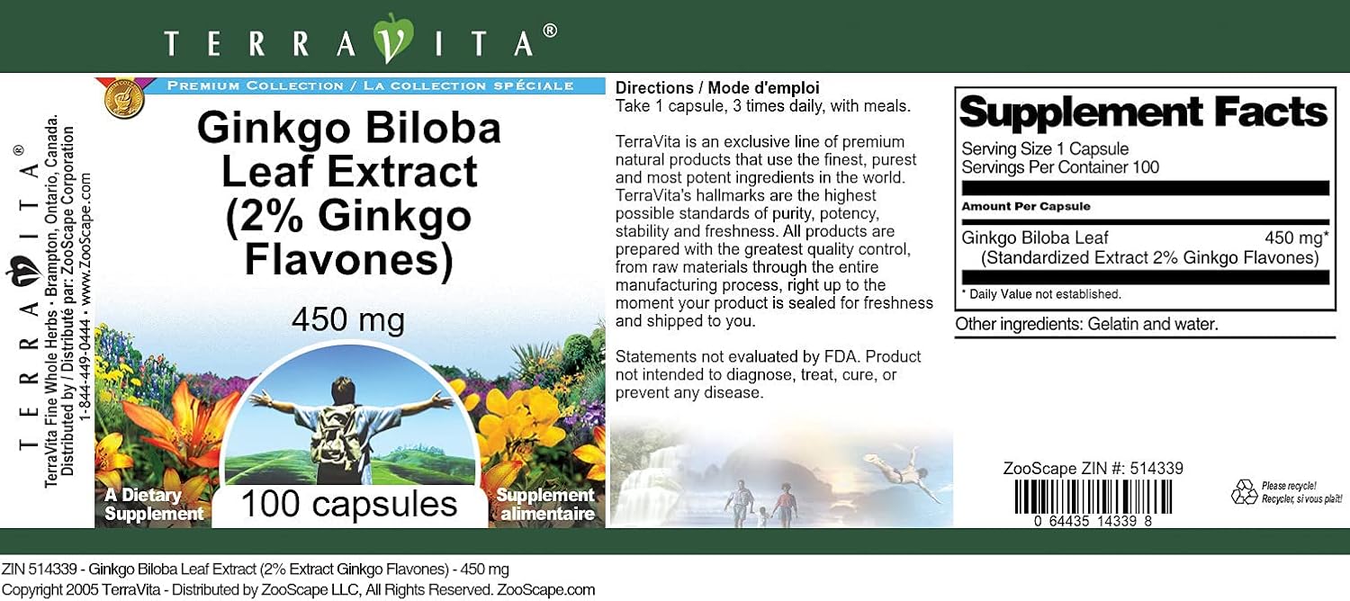 Ginkgo Biloba Leaf Extract (2% Ginkgo Flavones) - 450 mg (100 Capsules, ZIN: 514339)