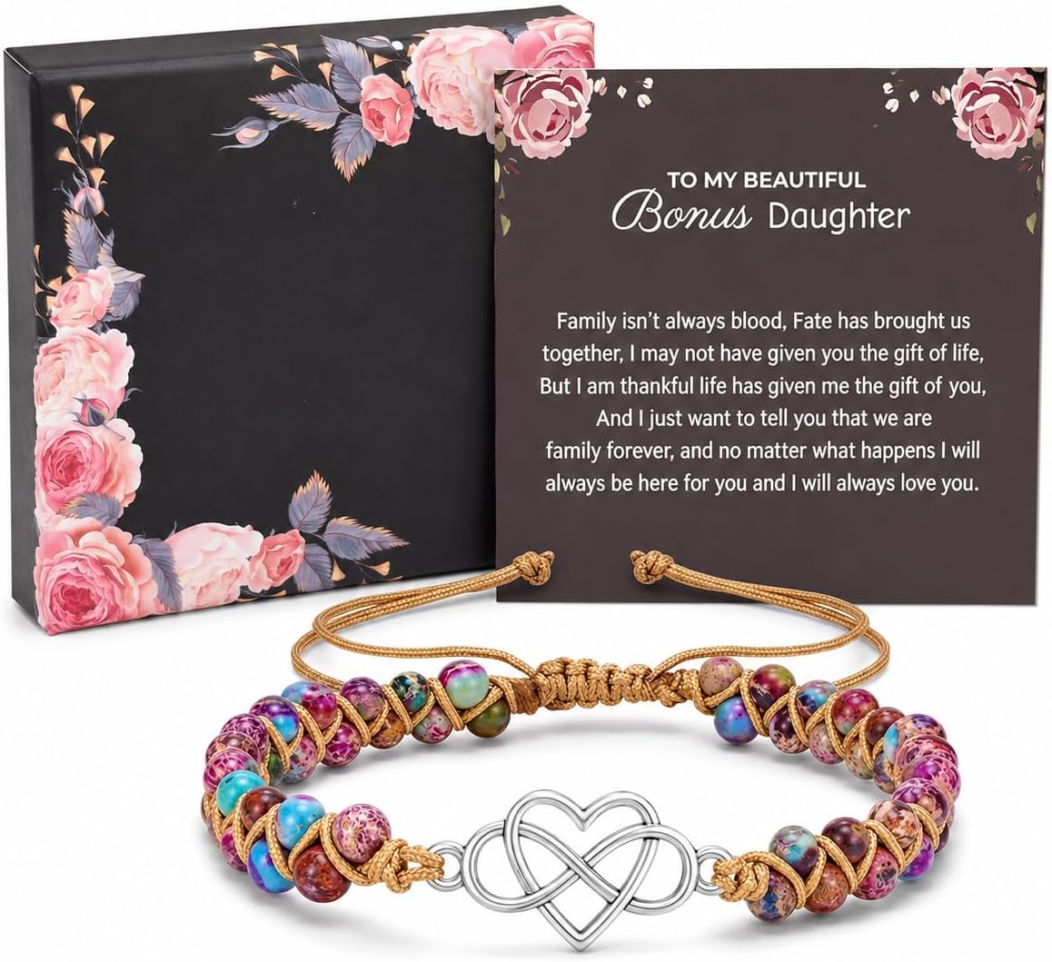 To My Bonus Daughter-Infinity Forever Love Heart Bracelet, Natural Emperor Stone Double Layer Purple Beaded Woven Wrap Bracelets Adjustable Mind Peace Gift Jewelry