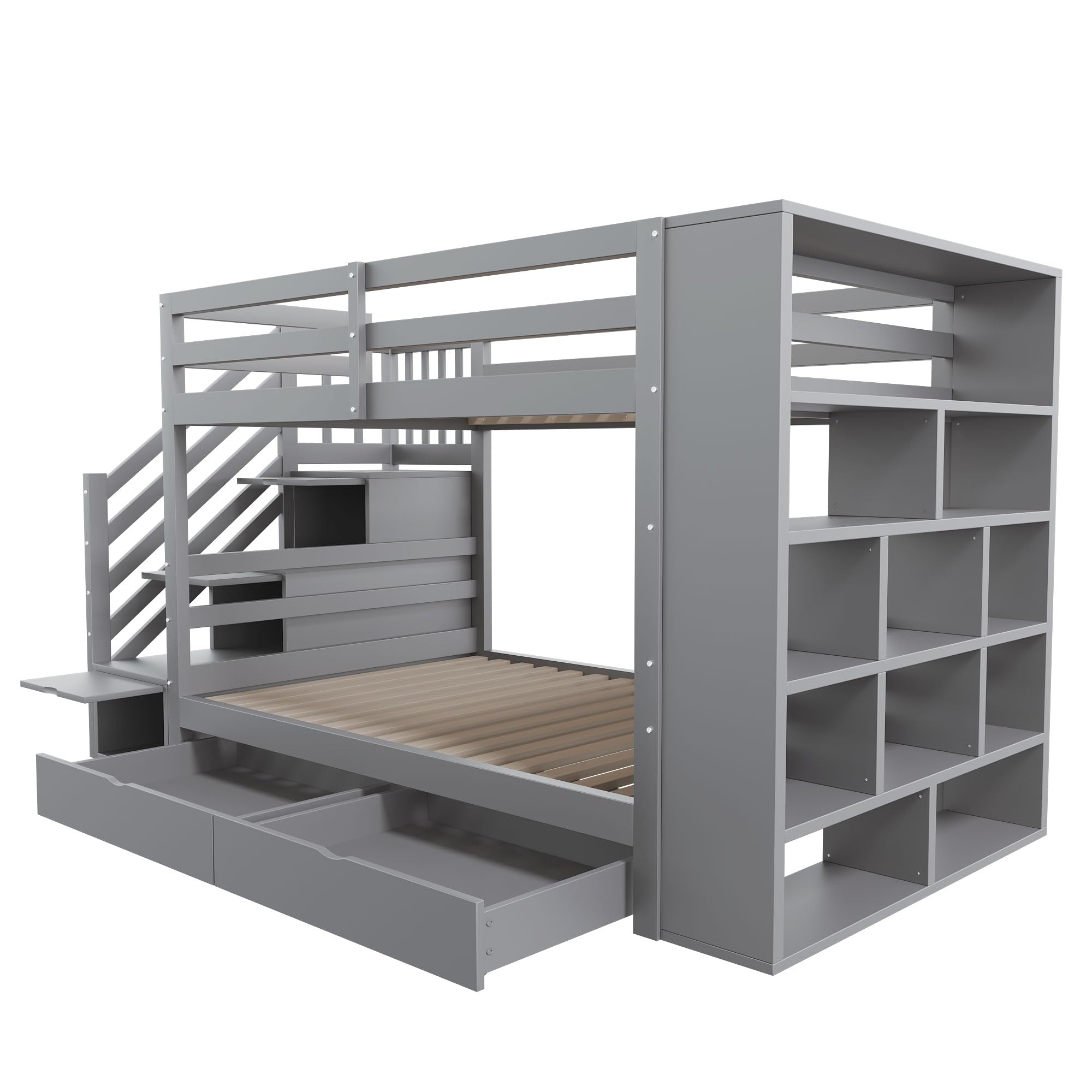 Etagenbett 90×200,Kinderbett mit Stauraum Treppe,Jugendbett mit 2 Schubladen/großen Schließfächern/Sicherheitszaun Kiefernbett mit Lattenrost,ohne matratz (Grau)