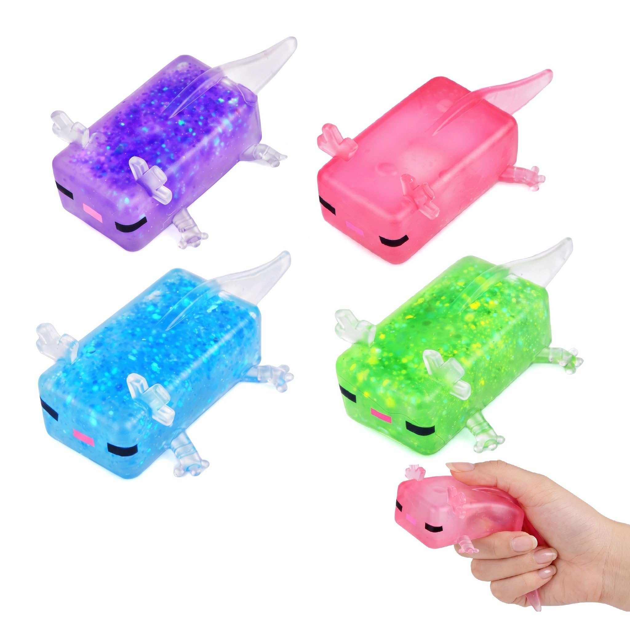 FeiatPogra Axolotl Fidget Set 4 Pack - Soft Salamander Sensory Desk Pets with Flashing Light Up Feature for Adults Teens, Cute Party Bag Fillers Novelty Gifts