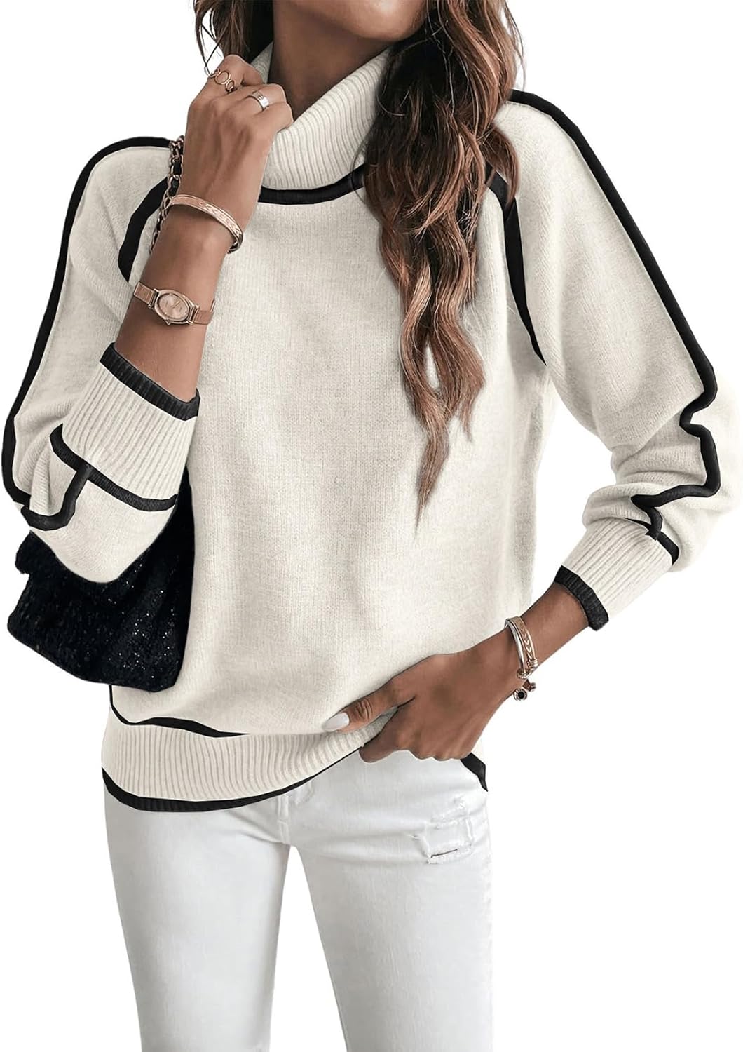 EVALESS Fall Sweaters for Women Trendy 2025 Cute Cozy Turtleneck Long Sleeve Colorblock Knitted Pullover Tops - Image 2