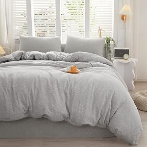 LIFETOWN 100% Jersey Knit Cotton Duvet Cover Set T-Shirt Feel Duvet Cover 3 Pieces Ultra Soft and Wrinkle Free (Queen, Light Grey)