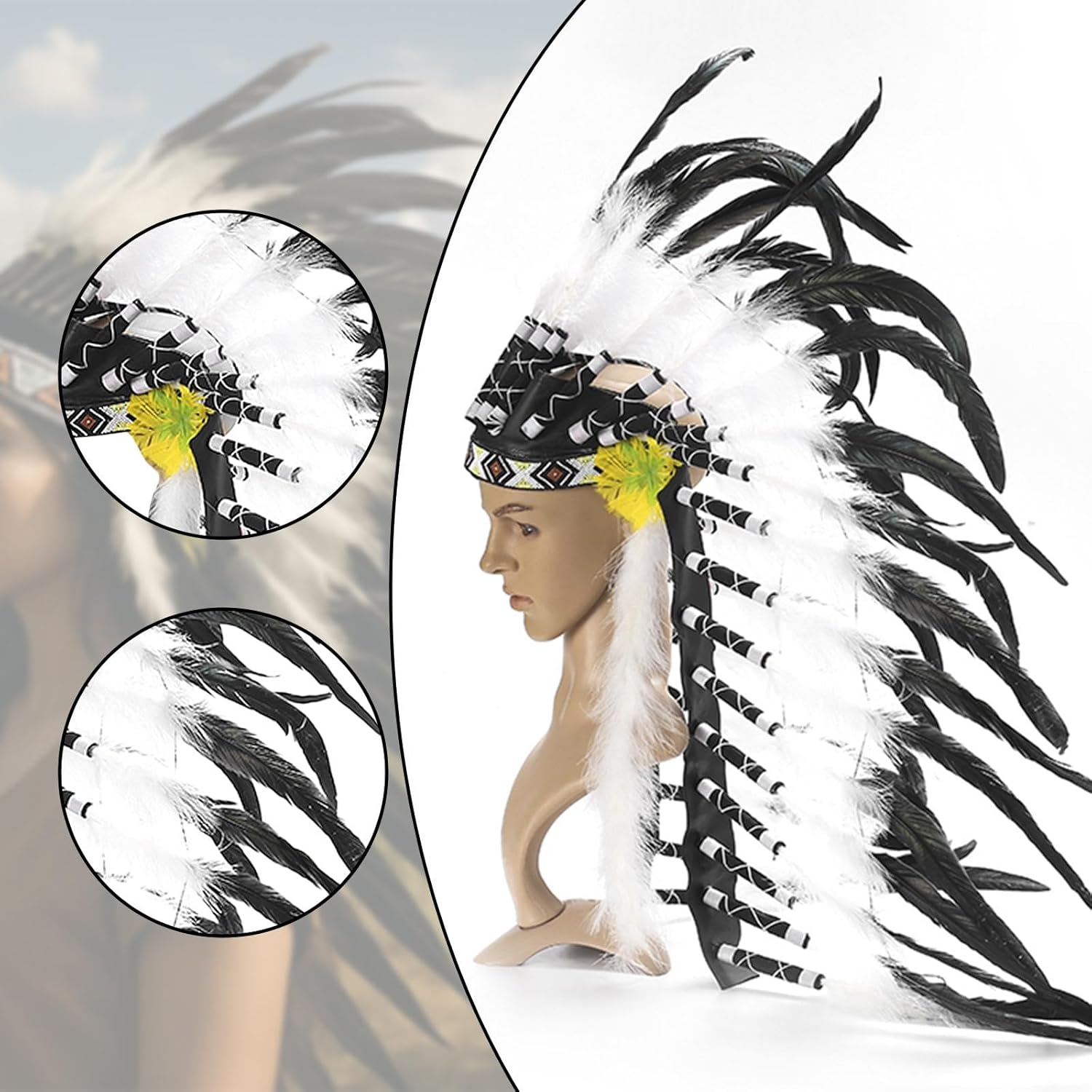 インディアンネイティブチーフヘッドドレス 大人用写真撮影用小道具 ファンシーなヘッドウェア