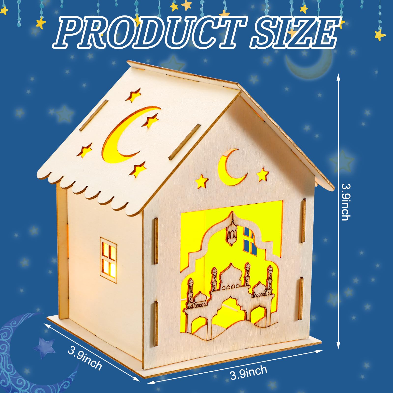 Lineshading 9 Pcs Eid Mubarak Wooden House with 12 Watercolor Pens and 9 LED Flameless Tealight Candles DIY Luminous Graffiti Crafts Ramadan Decorations Wooden Eid Houses for Kids Paint Party Supplies