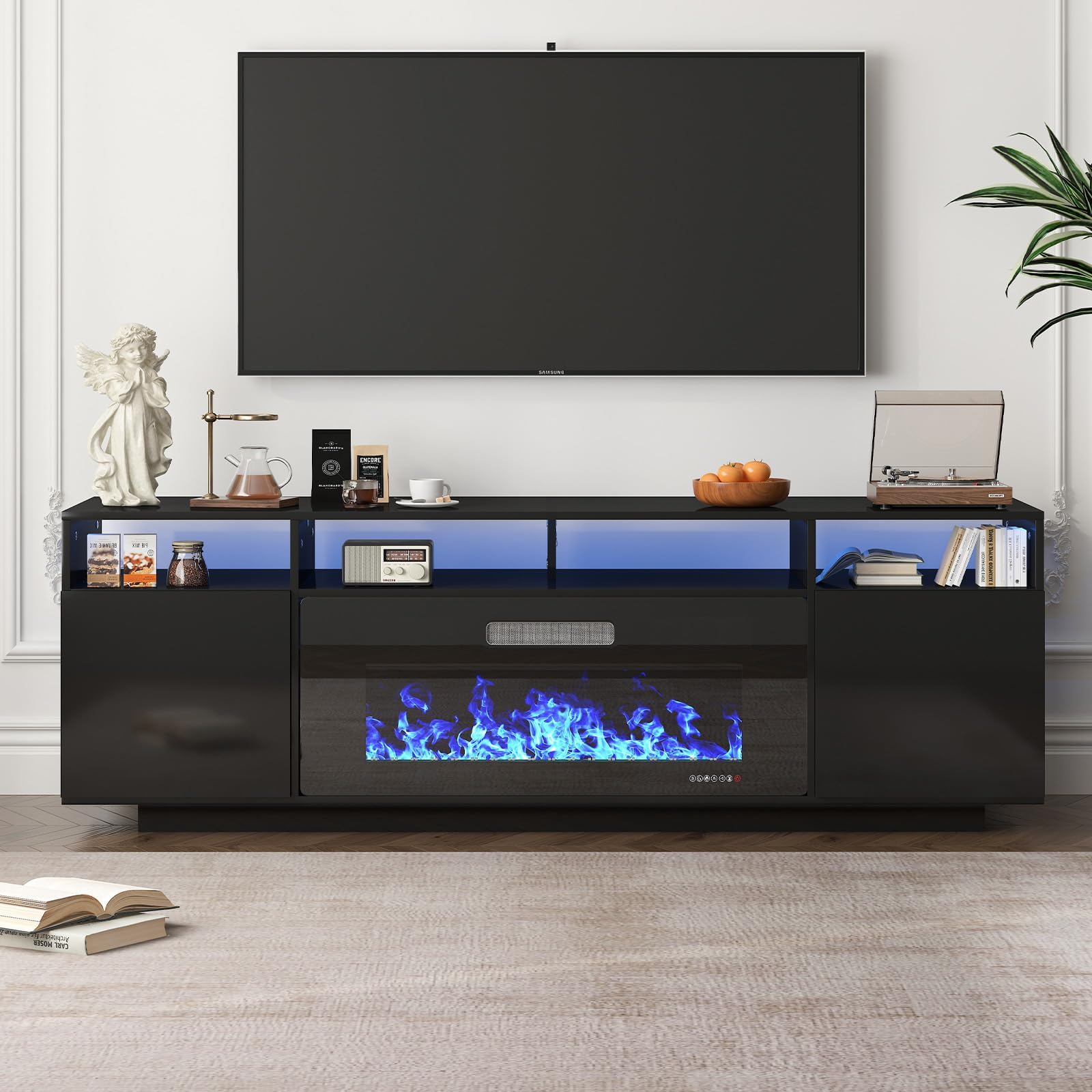 TABU 70" TV Stand with 36" Electric Fireplace Heater, High Gloss Finished Modern Entertainment Center with LED Ambient Light, for TVs Up to 80", Black