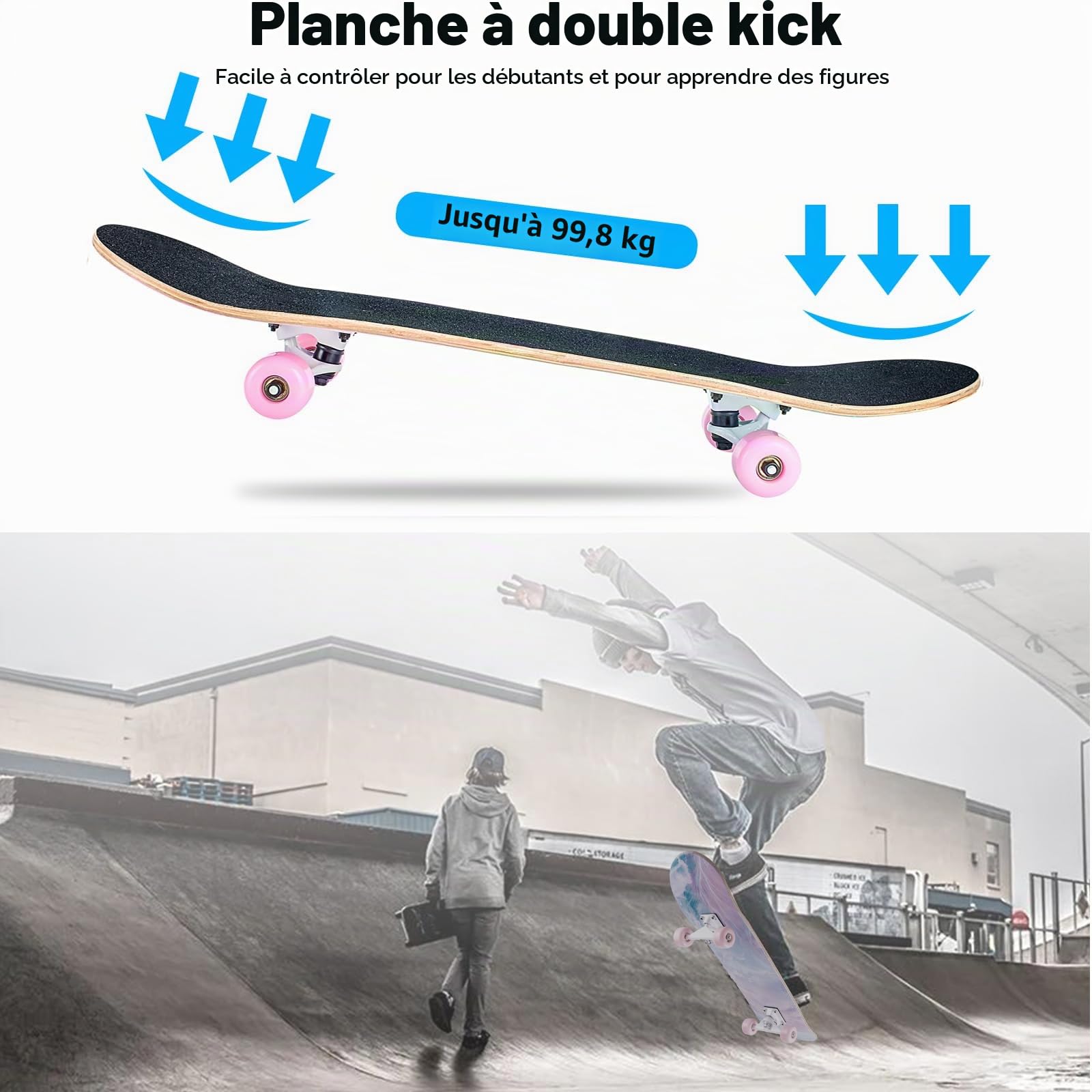 CLYCTIP Skateboard pour Les débutants, 80 x 20 cm Complète Skateboard 8 Plis Double Kick Concave Planche de Roulements ABEC-11 et Anti-Dérapant Roues PU Skate pour Jeunes et Adultes