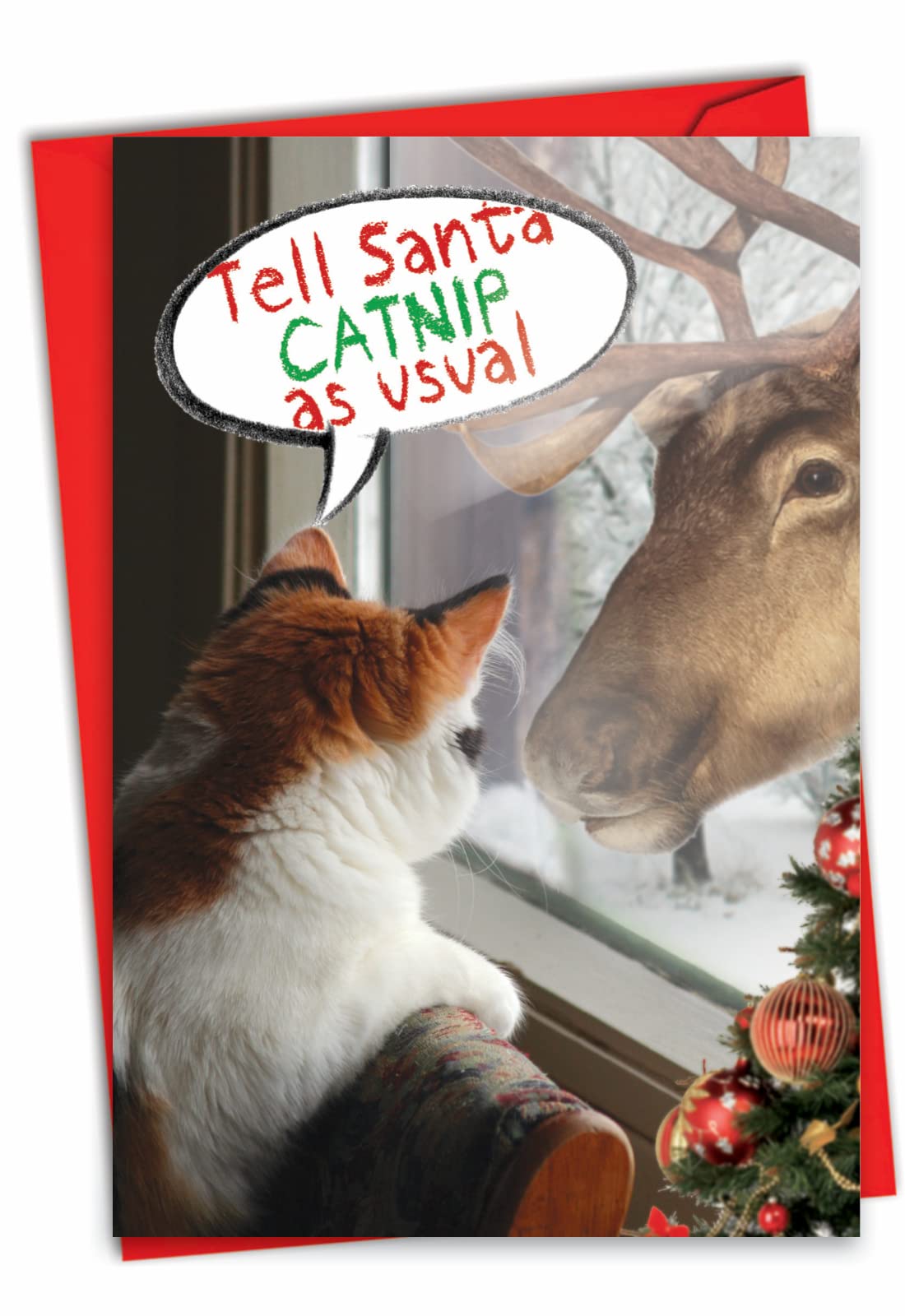 NobleWorks Funny Christmas Paper Card with 5 x 7 Inch Envelope (1 Card) Merry Christmas Holiday I Want Catnip 1930