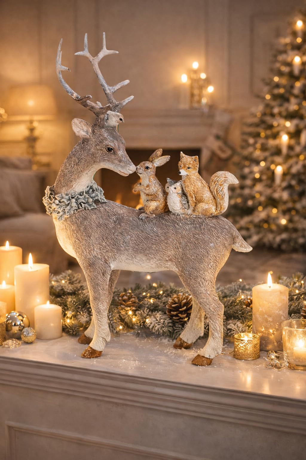 Statuetta decorativa a forma di cervo con animali della foresta e glitter, decorazione natalizia, per l'Avvento e l'inverno