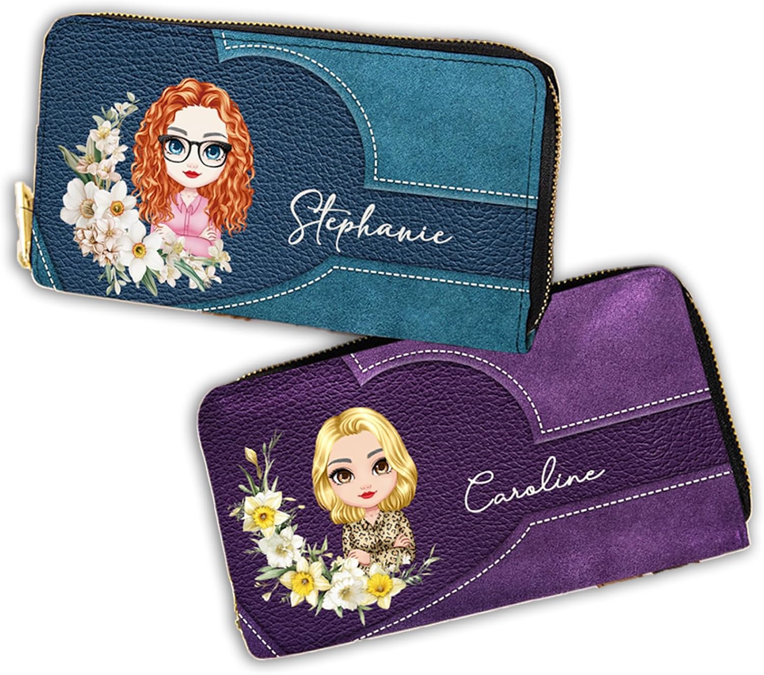 callie Personalized Wallet for Women, Customized Birth Flower Wreath Cartoon Character with Name on Card Holder Wallet Leather Wallet, Mother‘s Day Birthday Gift for Her