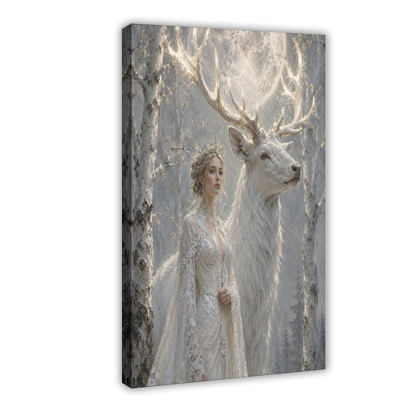 W7c8u2x3 Frame-Style-15 White Deer Woman Canvas Wall Art, Moonlit Stage Surrealist