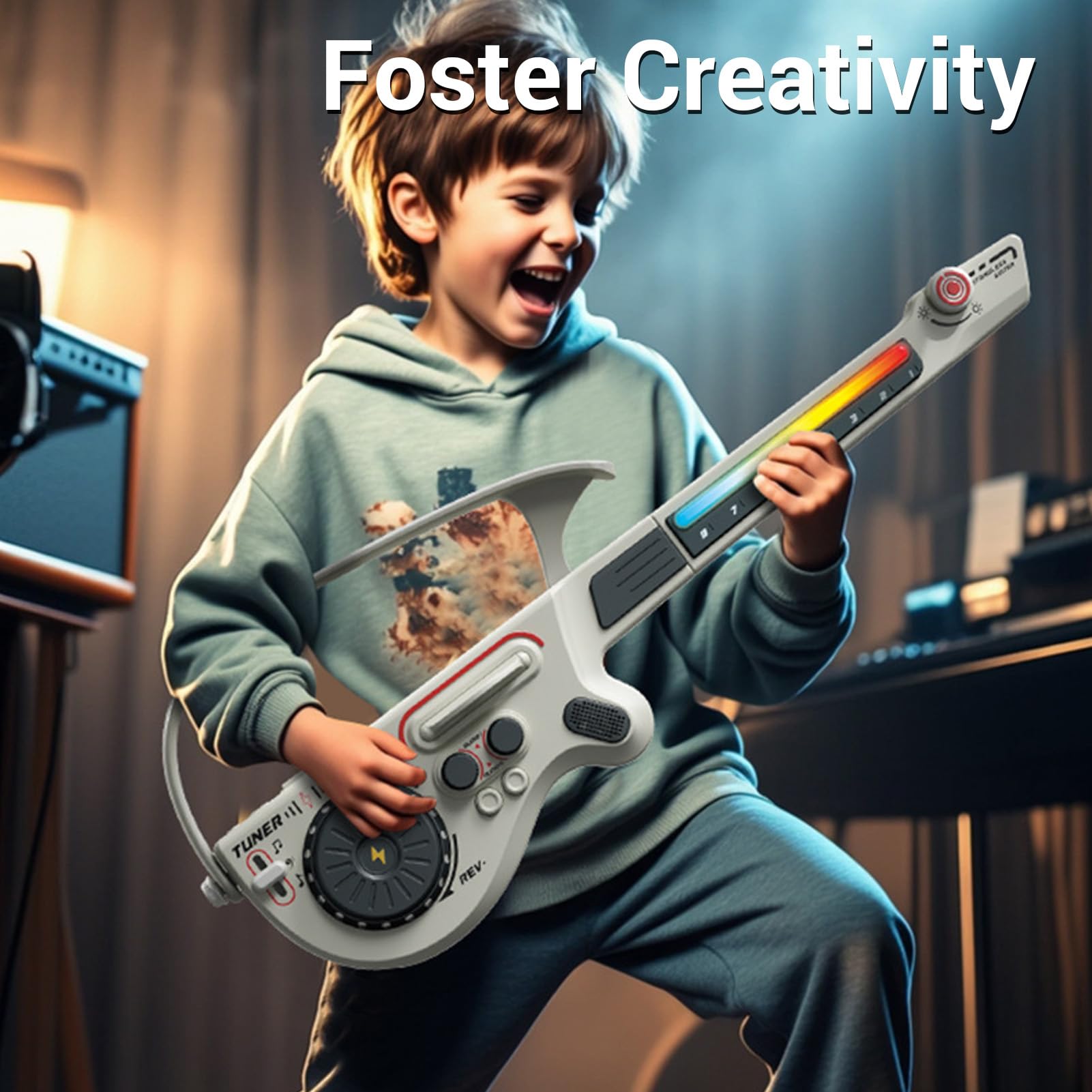 Luci LED Colorate Senza Corde per Chitarra Elettrica per Bambini per Divertimento Interattivo per Bambini Dai 3 Anni in su Materiale ABS (Grigio)