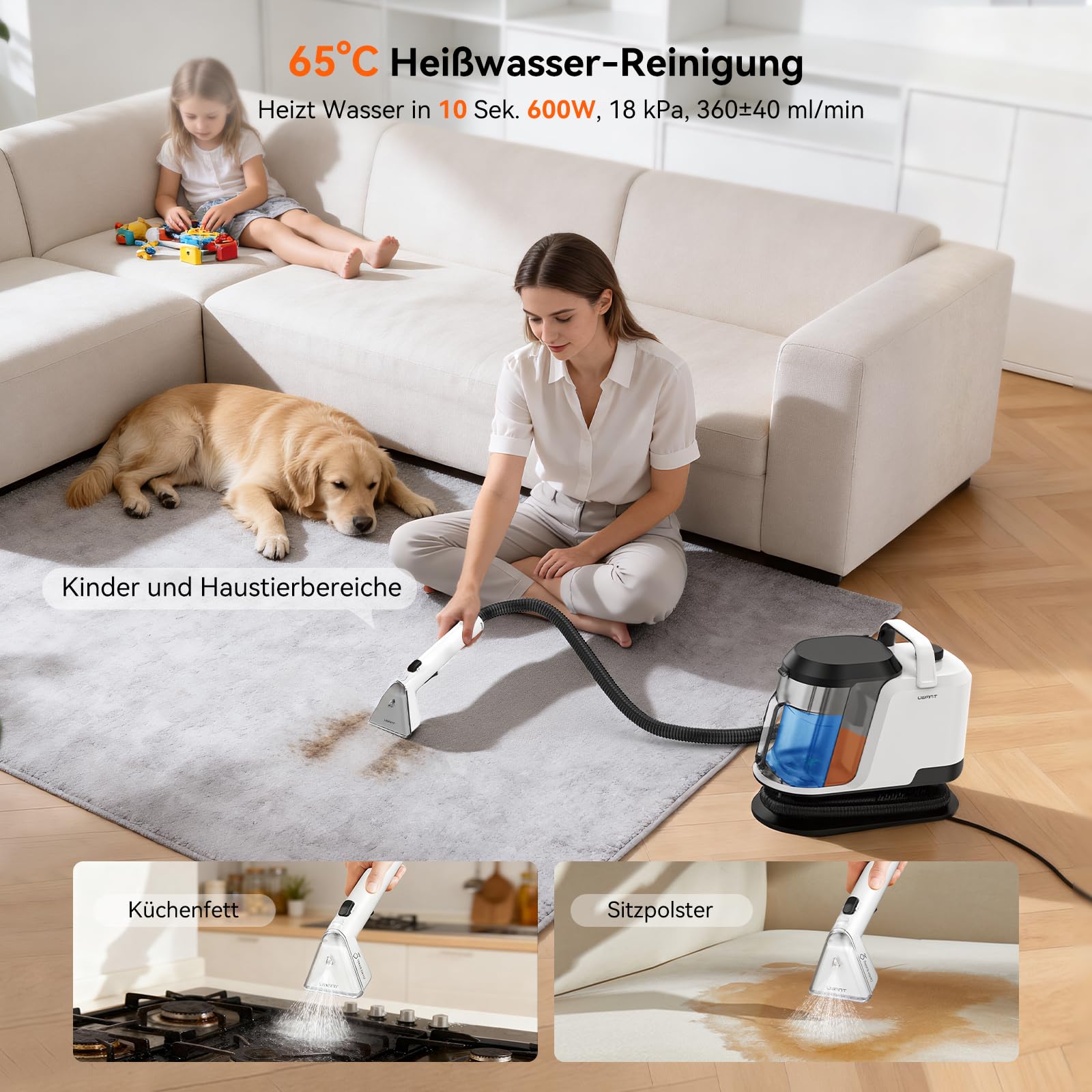 Uwant Y100 Steam Polsterreiniger Gerät, 3-in-1 Nasssauger für Sofa, Teppich und Auto mit 18KPA, 100°C Heißdampf, 65°C Heißwasser, Kaltwasser. Selbstreinigung, Multi-Bürstenkopf & 500ml Teppichreiniger
