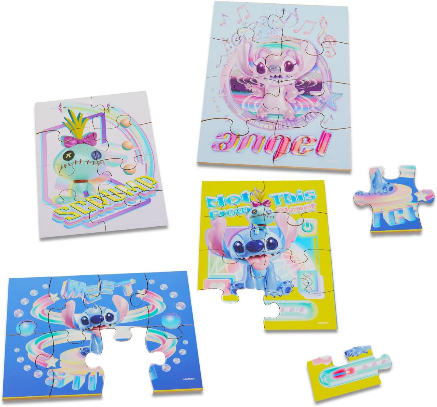 Stitch Wooden Jigsaw Puzzle 5 Pack - Stitch and Angel Wood Puzzles Bundle with Holding Tray, Tattoos, Activity Book, More | Disney Toys for Kids