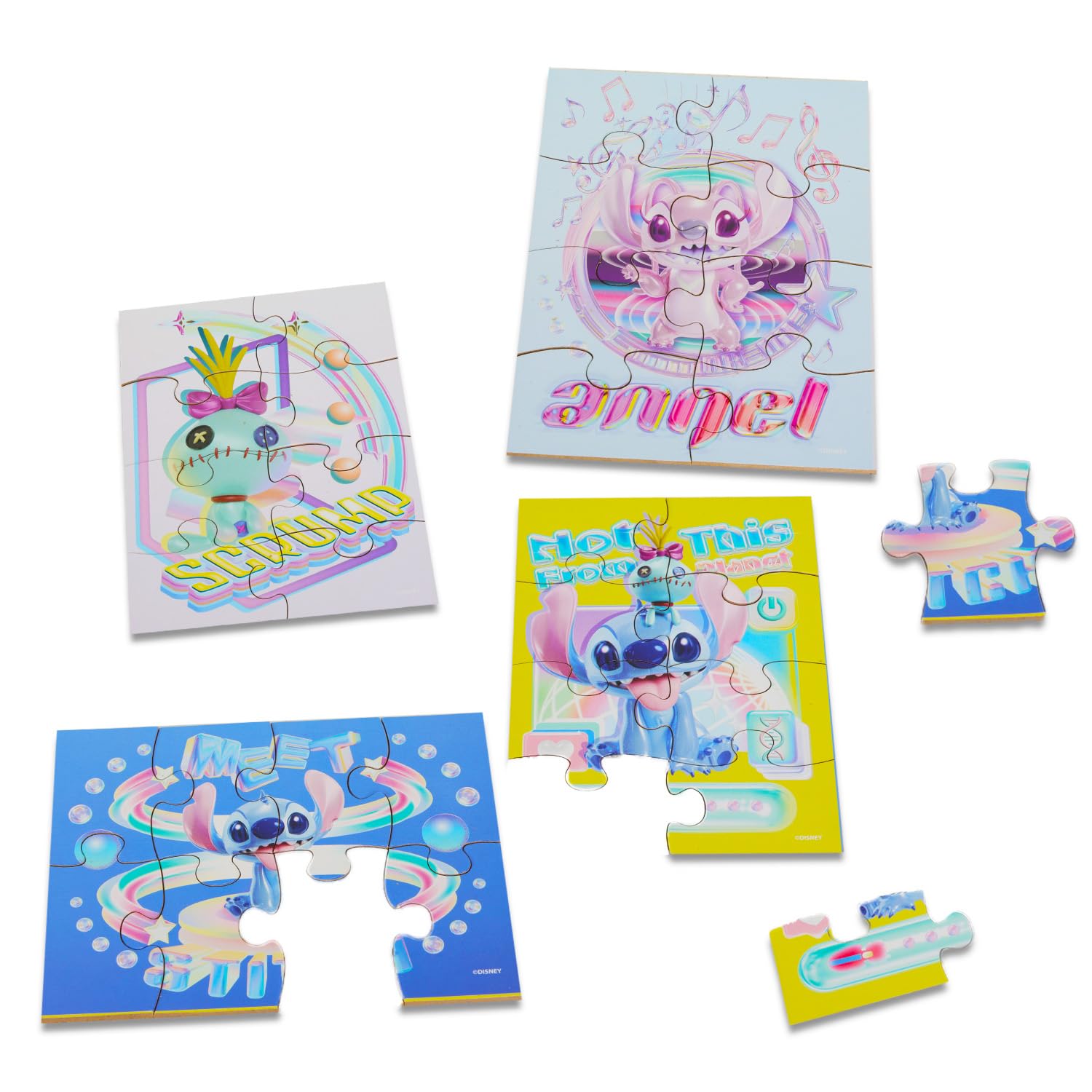 Confezione da 5 puzzle in legno Stitch e Angel, con vassoio di supporto e tatuaggi, libro di attività, altro per ragazzi, ragazze | Puzzle di Stitch per bambini