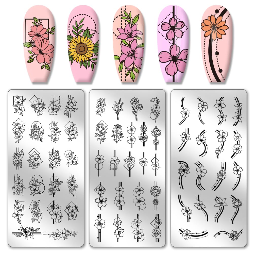 PH PandaHall 3pcs Border Flowers Nail Stamp Plates