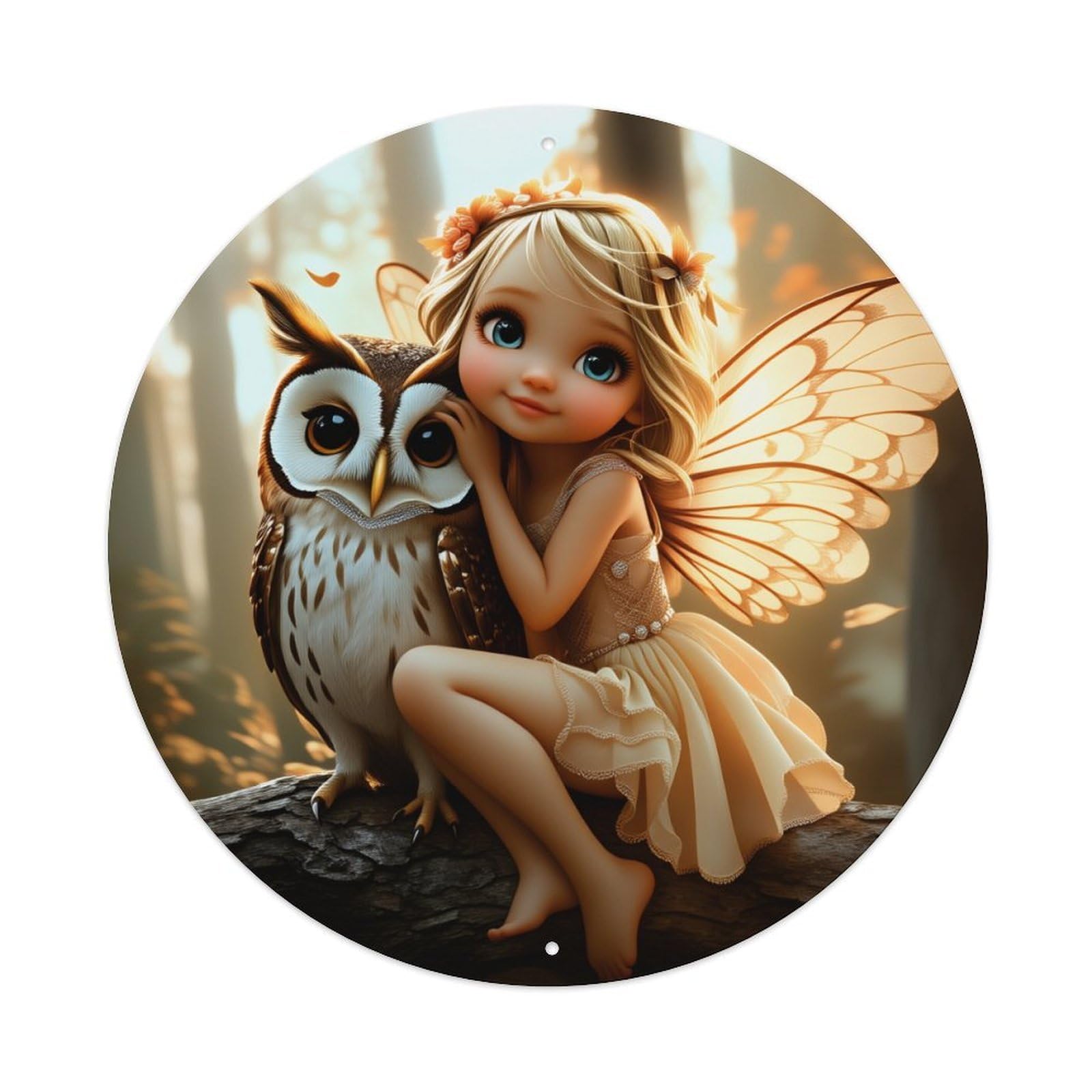 Fairy And Owl Sitting On A Tree Branch Round Vintage Tin Sign,Retro Wall Art,Metal Poster for Home, Bar, Garage, Cafe, Rustic Indoor & Outdoor Decor, 8x8 Inches