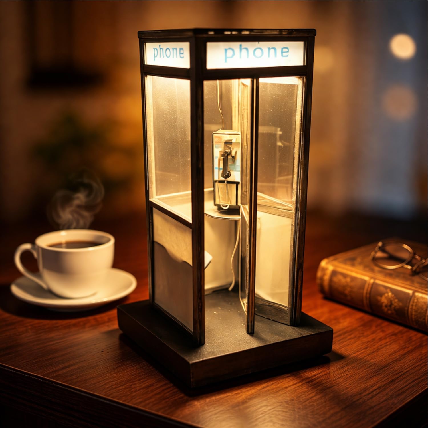 Vintage British Phone Booth Table Lamp, Retro Mini Telephone