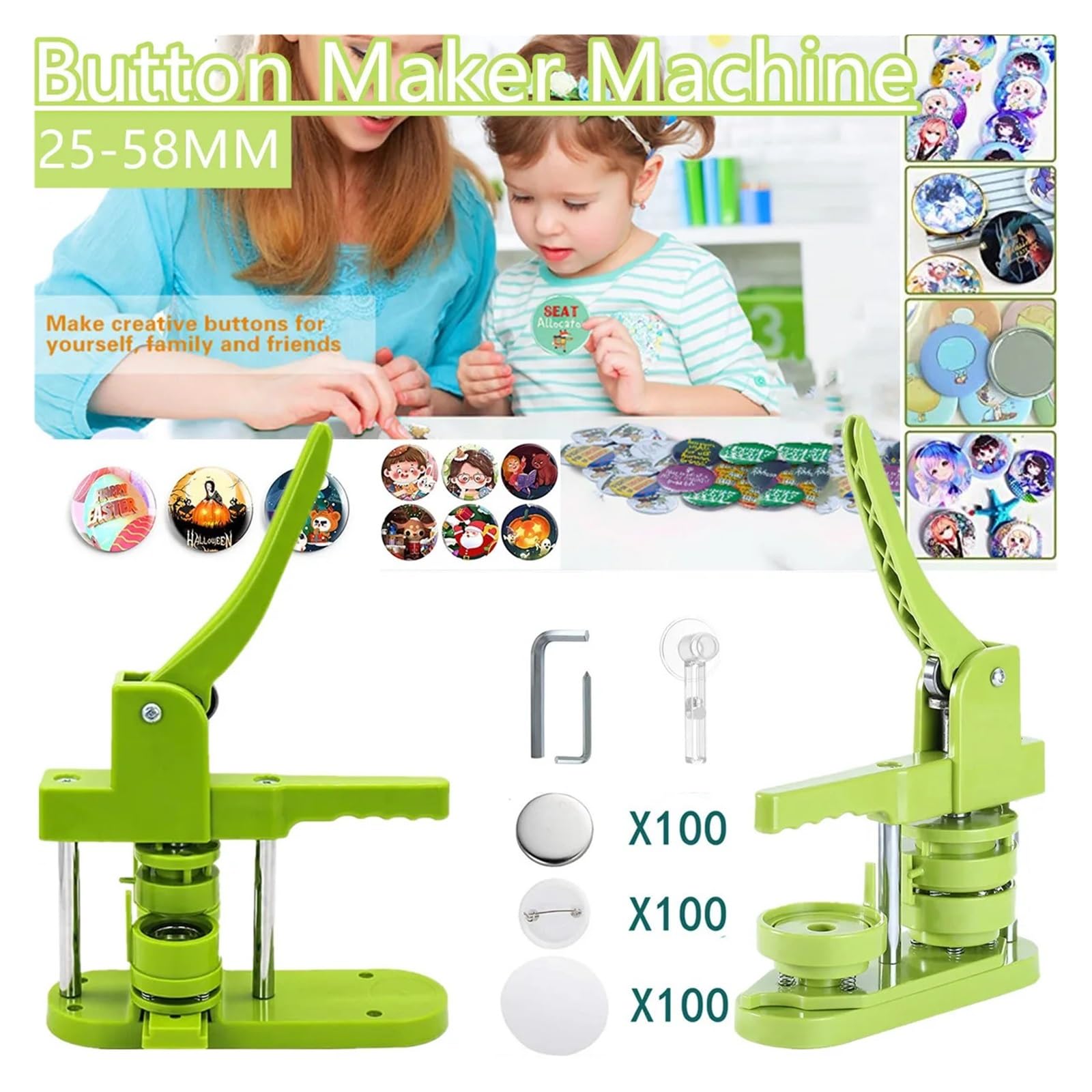 Distintivo Pin Button Maker Machine Distintivi Fai da Te Set 25MM-58MM Button Punch Press Maker Machine con 100 Pezzi di Parti di Pulsanti + Taglierina Circolare(32MM Set Rotating)