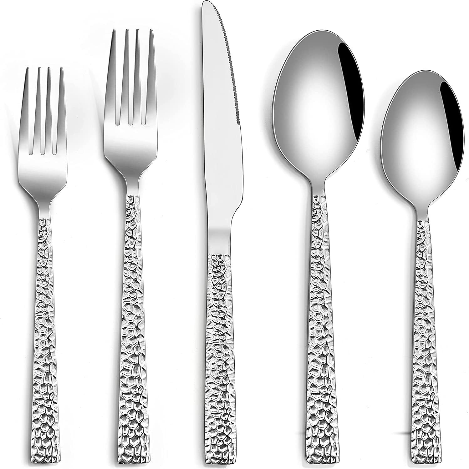 30-Piece Silverware Set, Stainless Steel Flatware Set for 6, Hammered Eating Utensils Tableware Cutlery Set for Kitchen Hotel Restaurant Party, Mirror Polished - Dishwasher Safe