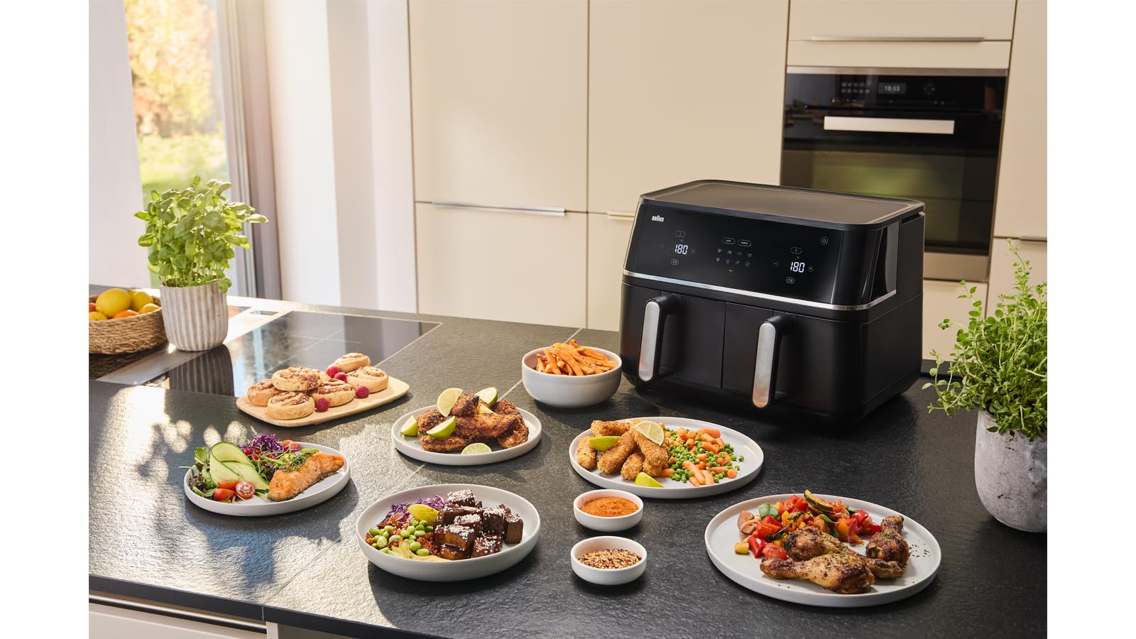 Braun TwinCook 5 TD5030IBK, Heißluftfritteuse mit 10L Fassungsvermögen, 80-200°, PFAS-freie Keramikbeschichtung, RealAir Technology, 8 Programme, Touch Control, spülmaschinenfest, 2400W, Schwarz