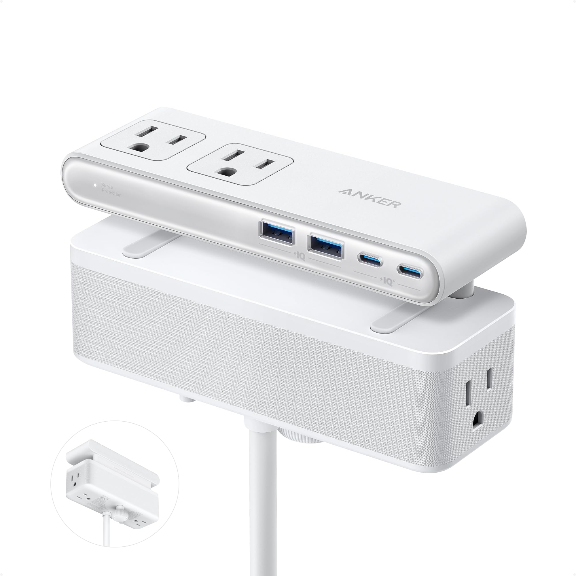 Anker Nano Power Strip, Desk Clamp with 1500J Surge Protector, 5ft Extension Cord, 70W Max Gaming Desk Accessories, 6 AC, 2 USB A, 2 USB C, Home Office Essentials, Fit 0.6~1.8'' Tabletop Edge (White)