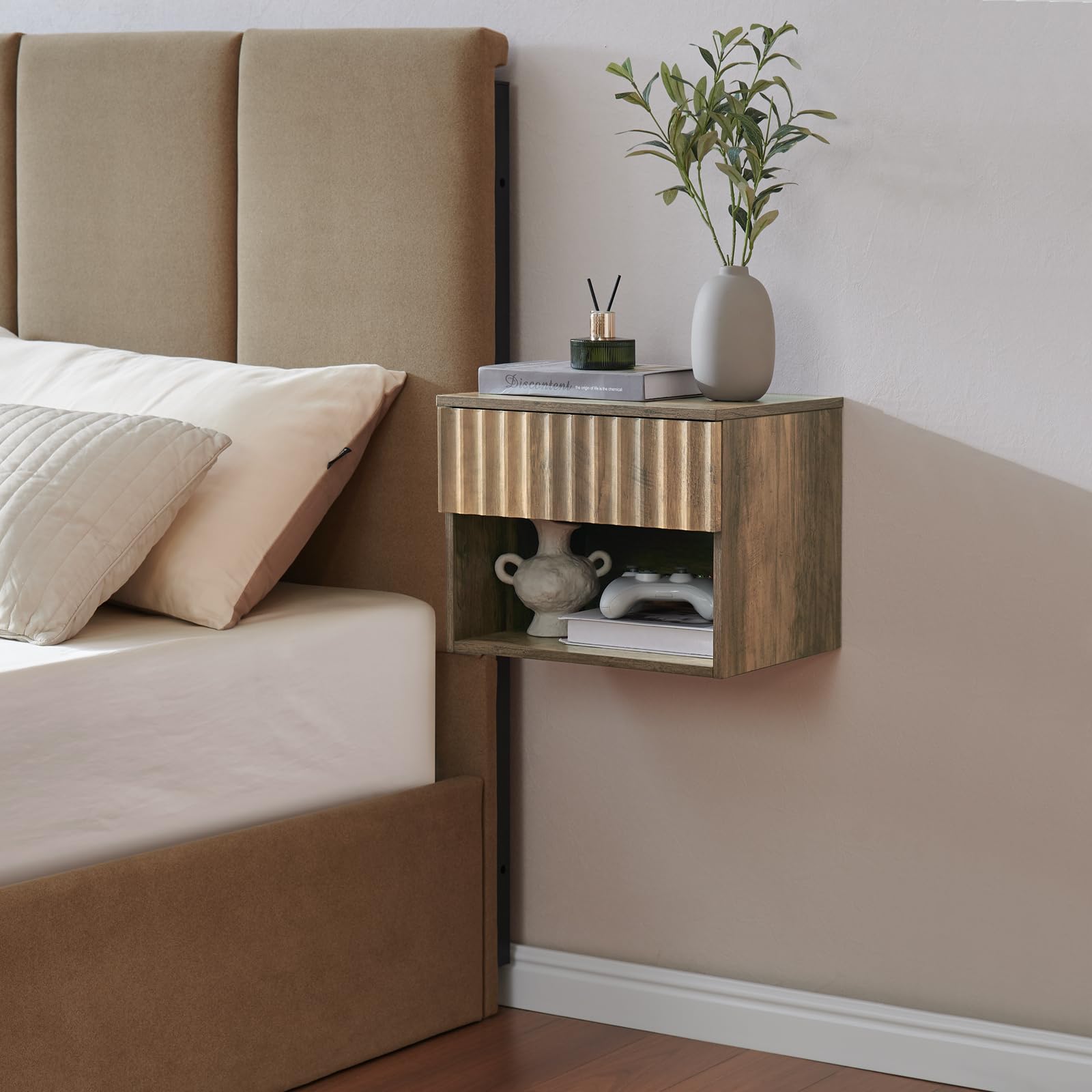 BuildHom Floating Nightstand with Fluted Drawer