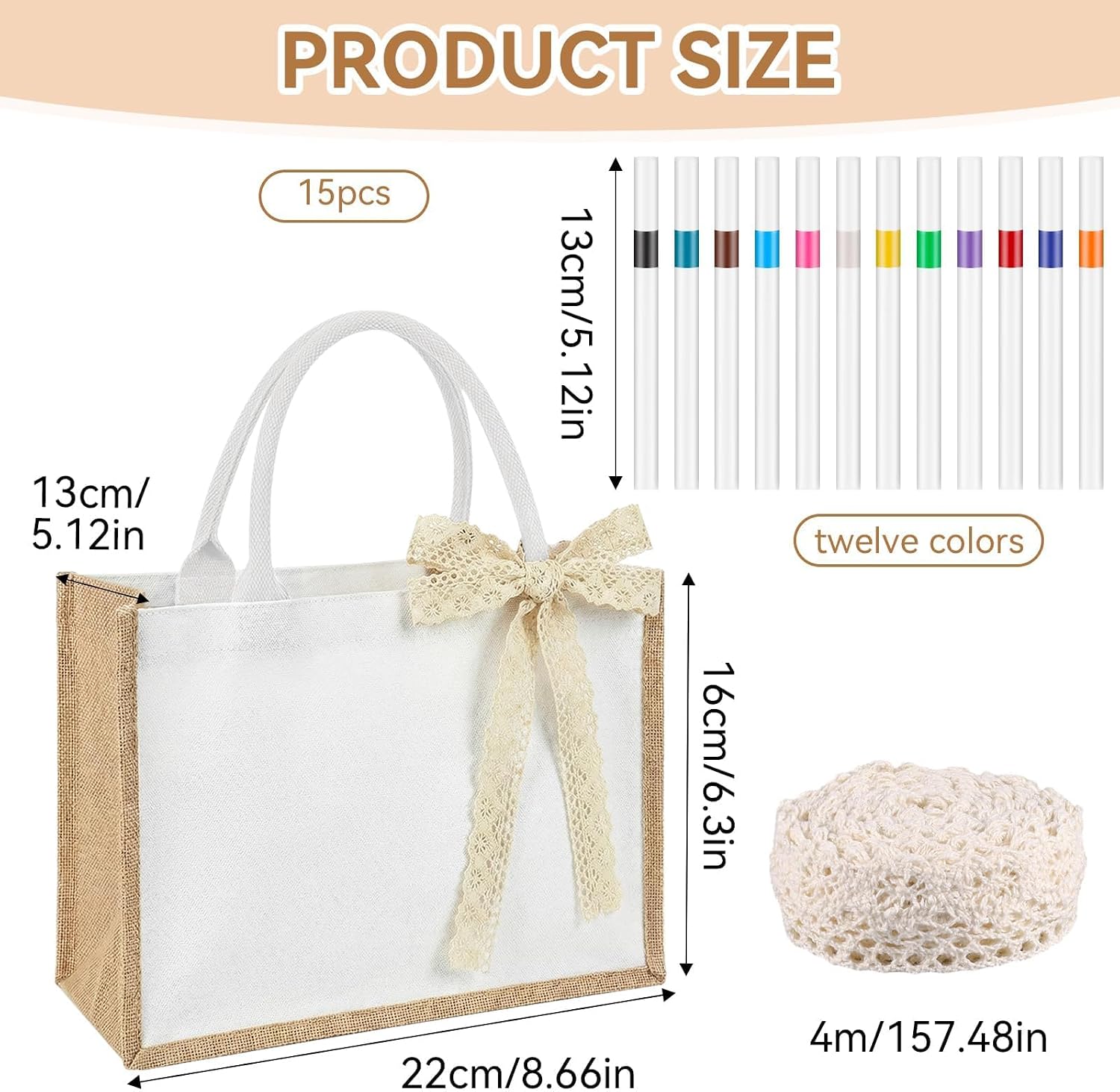 15 Pack Burlap Tote Bags Kit, Reusable Sublimation Blank Burlap Gift Bags with Lace Ribbon & 12-Color Marker for DIY Craft, Jute Canvas Beach Shopping Bag for Bridesmaid Wedding Party Favor