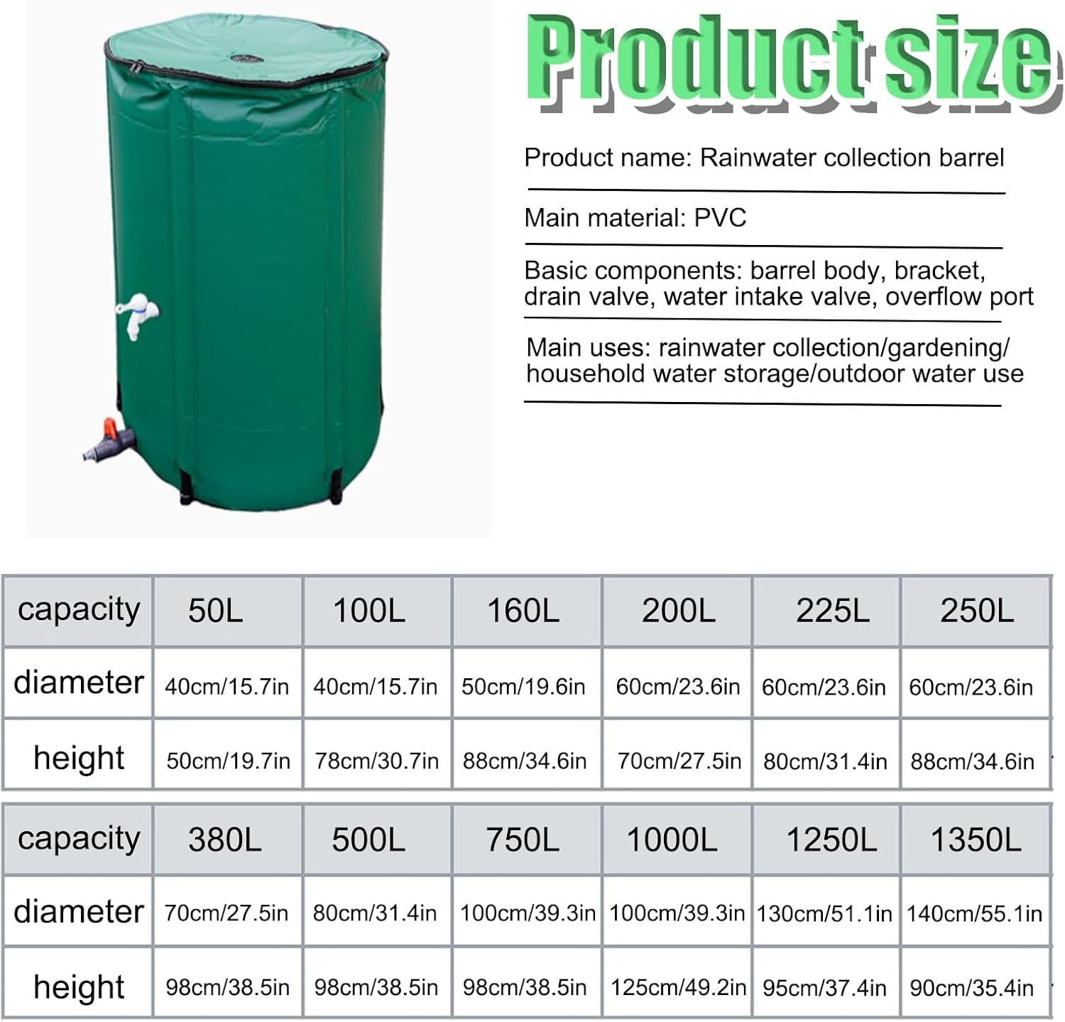 Portable Water Reservoir Garden Water Storage Barrel Rainwater Harvesting System Gutter for Outdoor Terraces Patios and Gardens(100L)