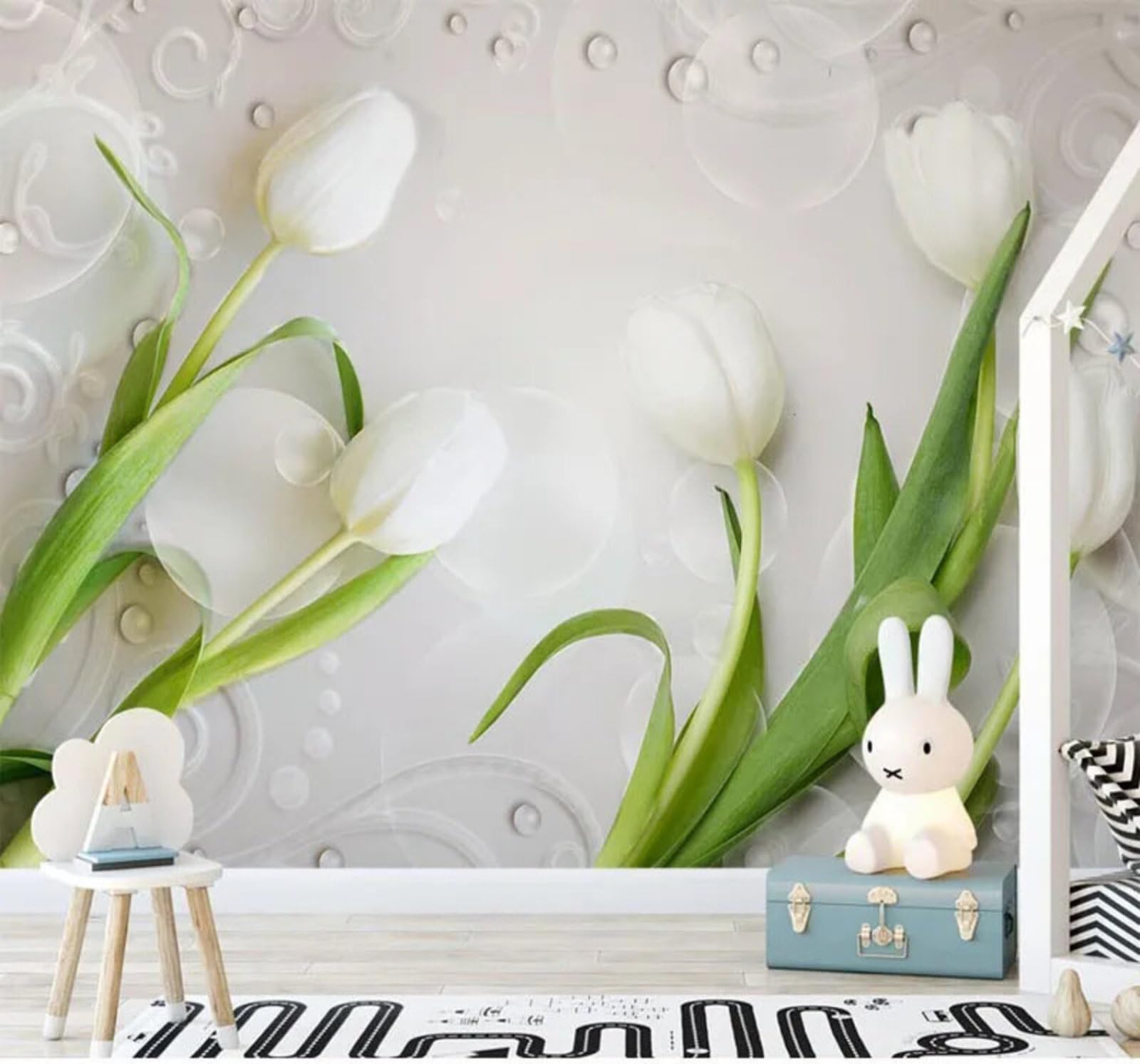 Wallpaper-3D-Xlm 400Cm×280Cm(B×H) Minimalist Fresh Green Plants Tulips 3D Wallpaper Easy Install Feature Office Living Room Sofa Bedroom Tv Background Wall Decoration-400Cm×280Cm