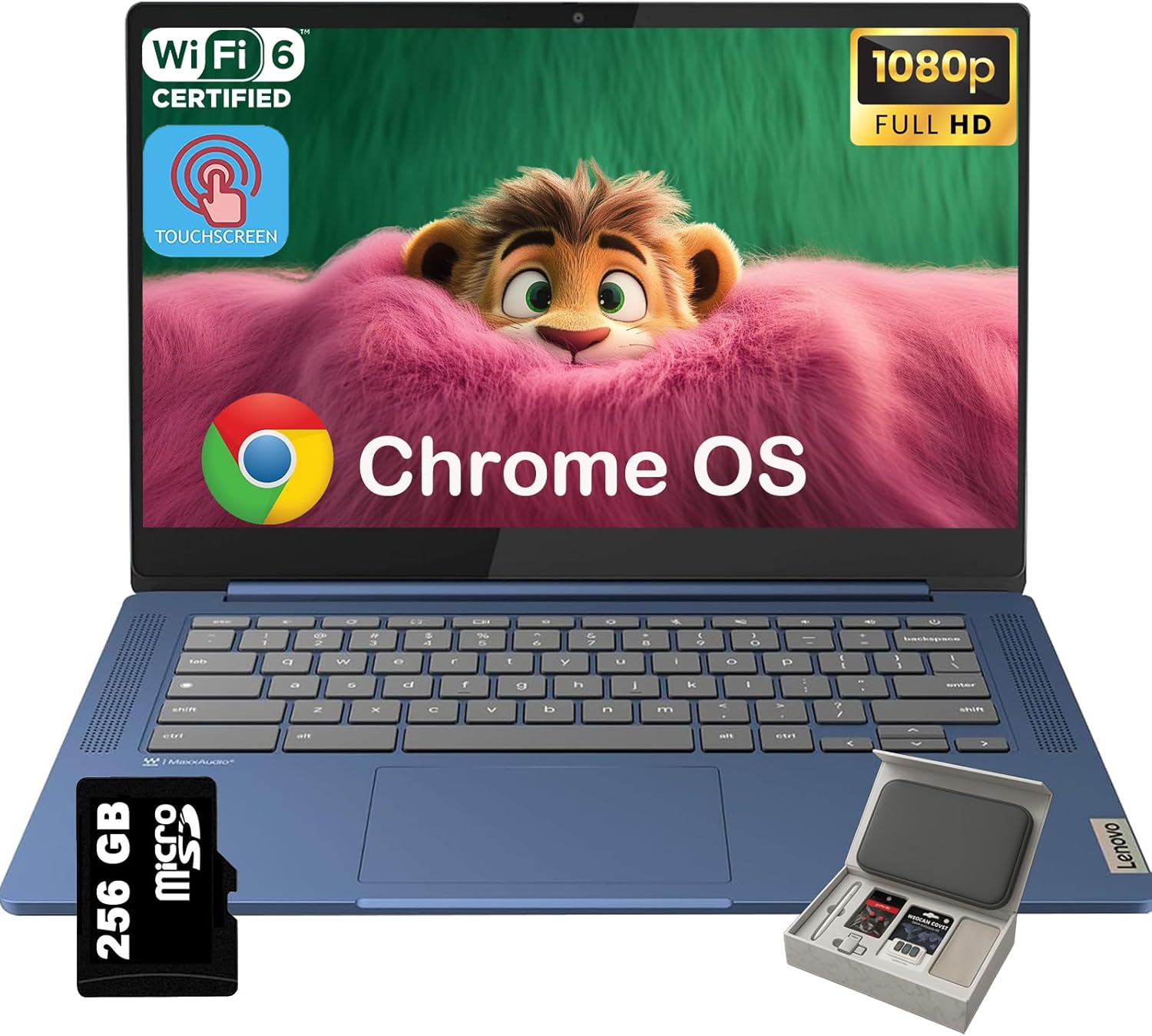 Lenovo IdeaPad Slim 3 Chromebook – 14” Touchscreen Full HD Display • 8-Core MediaTek Kompanio 520 CPU • 4GB RAM • 64GB eMMC & 256GB Micro SD Card • Wi-Fi 6 • for Business Student • Chrome OS • Blue