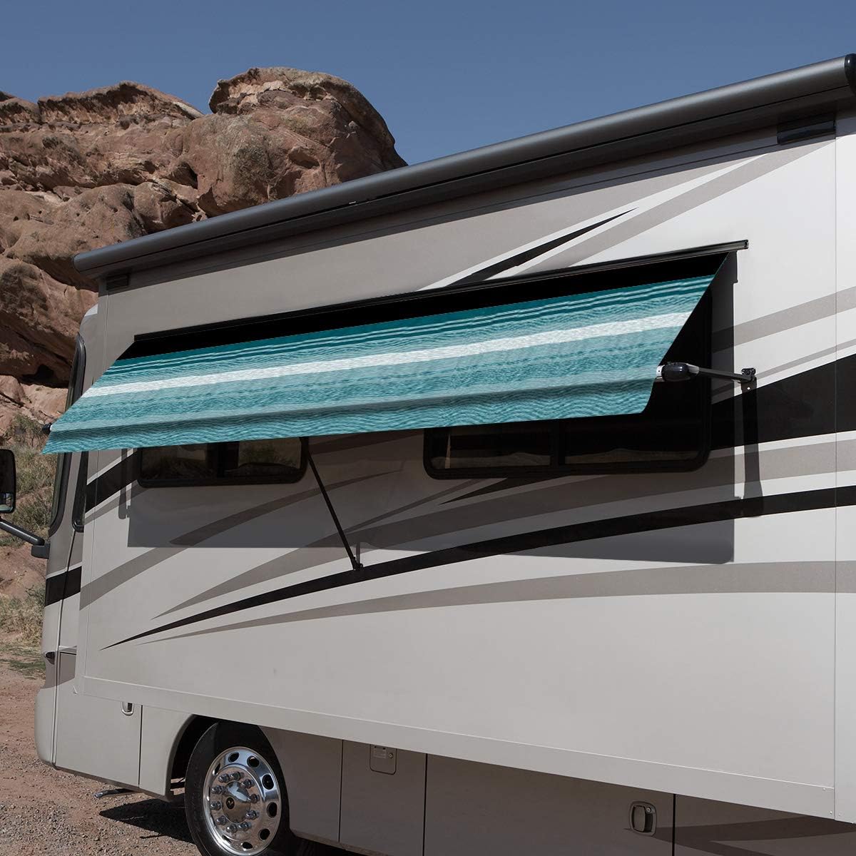 Carefree IF0558C62/ICJV01 Teal Dune Stripe 5.5' RV SL Standard Vinyl Window Awning, Black Arms-Choose Options