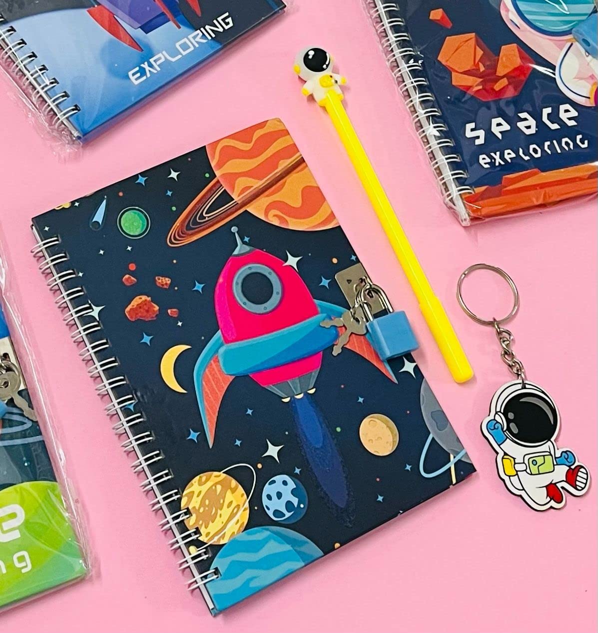 Le Delite Lock Diary For Kids/Space Astronaut Lock And Key Spiral Diary Notebook (1 Pcs) With Gel Pen And Keychain/School Diary Secret Copy Journal Scrapbook- Ruled Pages Cute Stylish Stationery