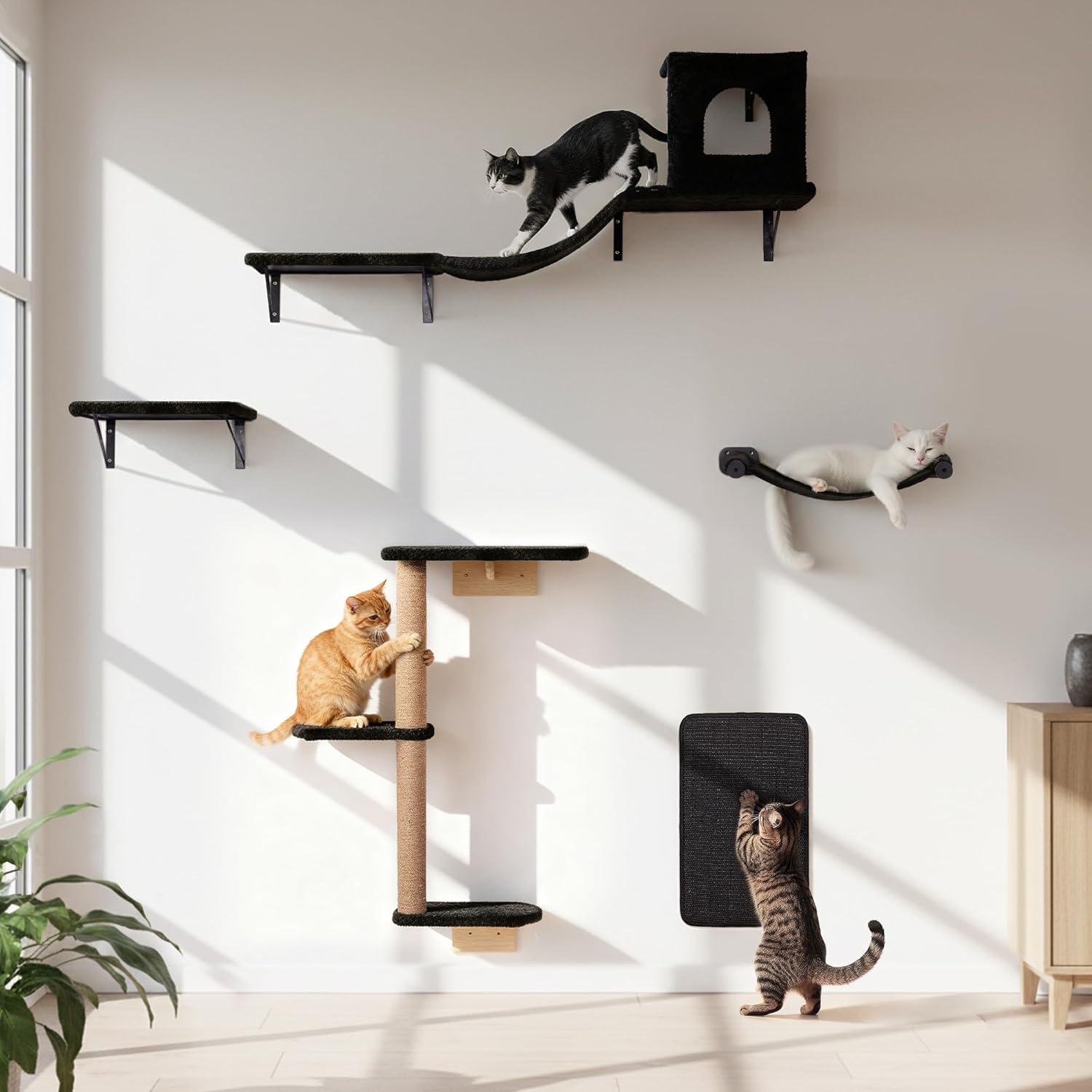 Wall Mounted Cat Furniture Combo of 5, 5 in 1 Cat Shelves with Hammock, Bridge, Climbing Tree, Scratcher & Perch – Indoor Wall Cat Playground for Large Cats, Holds Up to 30 lbs,