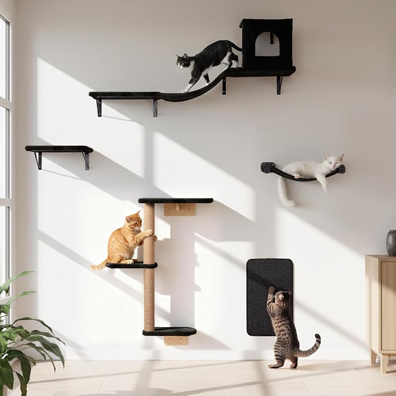 Escada e Móveis de Parede para Gatos PELUOMOZ com Rede, Ponte, Arranhador e Prateleira, 5 Peças
