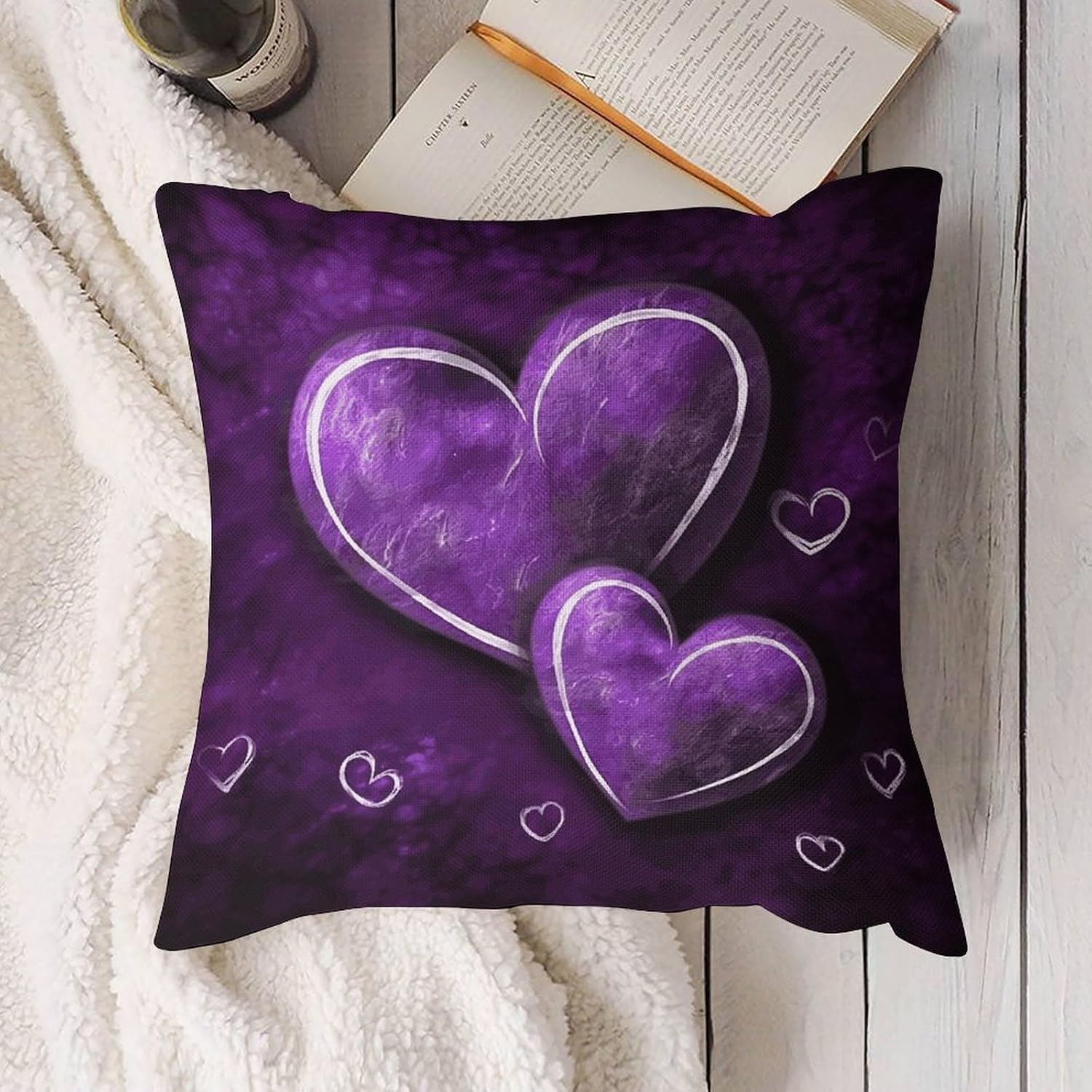 Purple Hearts Pillow Protectors Cute Waterproof Pillow Cover Soft Skin-Friendly Cushion Case Decorative Square Cushion Cover for Couch Sofa Bed Living Room Bedroom