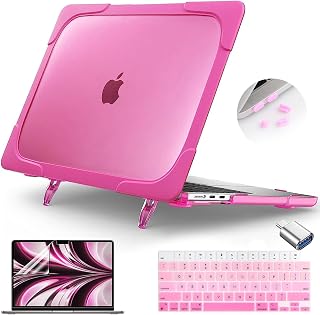 [Heavy Duty Fold Kickstand] Case for 2022 MacBook Air 13.6 Inch A2681, 5in1 Shockproof Protective Hard Shell with Keyboard Cover Screen Protectorfor & USB 3.0 Adapter for MacBook Air M2, Rose