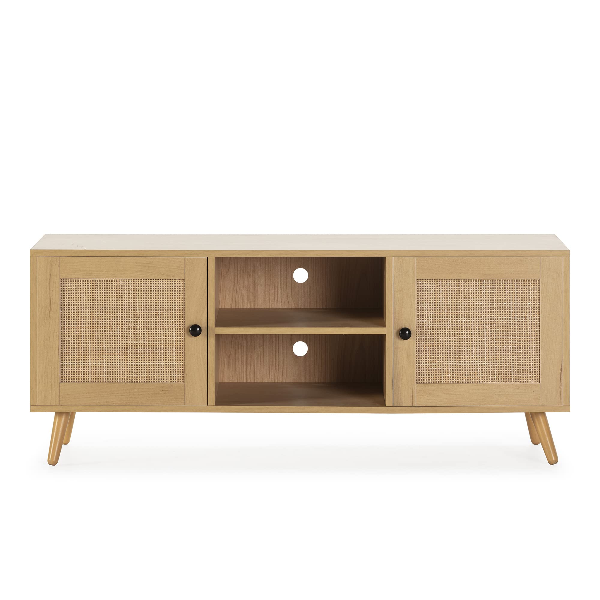 HOMN LIVING Mueble TV Bella 2 Puertas Color Roble con ratán Natural, 120 cm (Ancho) 40 cm (Profundo) 48 cm (Altura)
